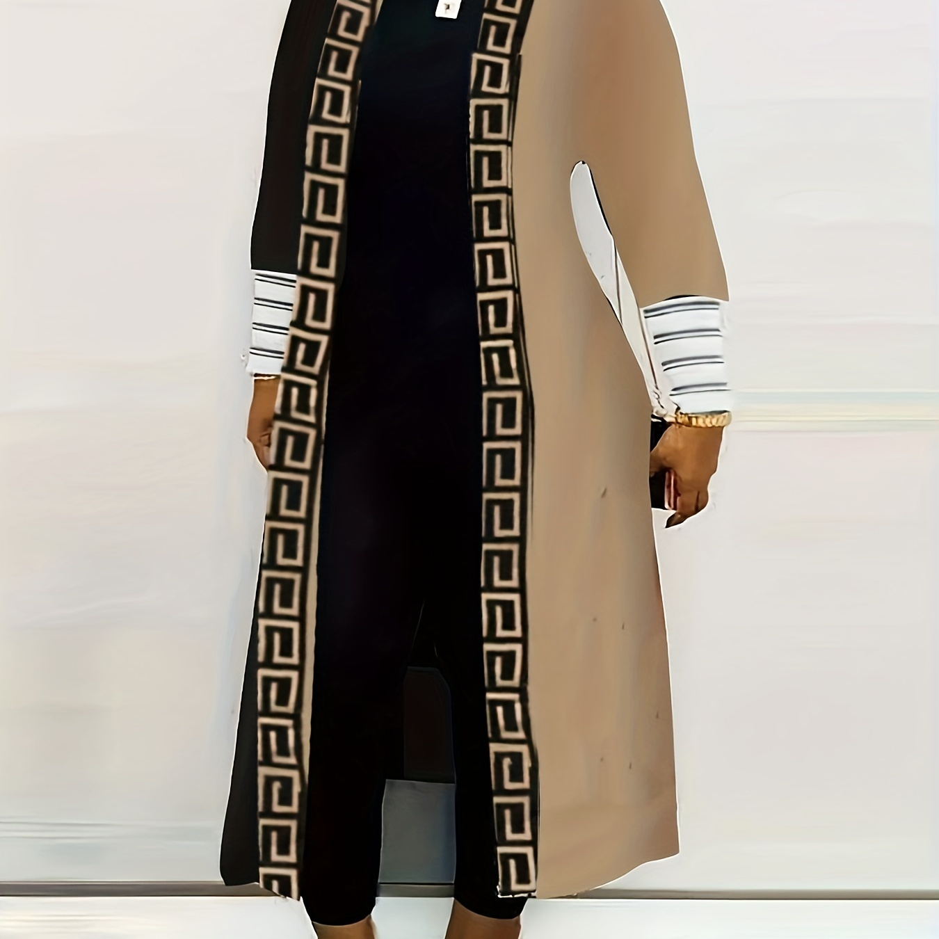 Plus Size Casual Coat, Women's Plus Colorblock Geometric Print Long Sleeve Open Front Long Cardigan