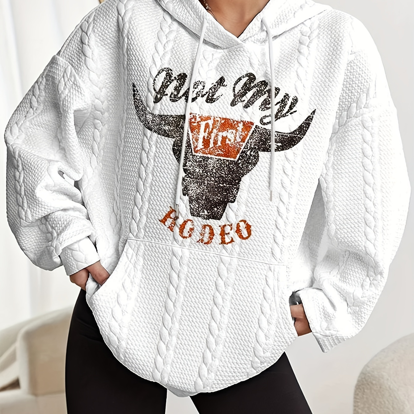 

Cow Head Print Textured Hoodie, Versatile Drawstring Kangaroo Pocket Hoodies Sweatshirt, Women's Clothing