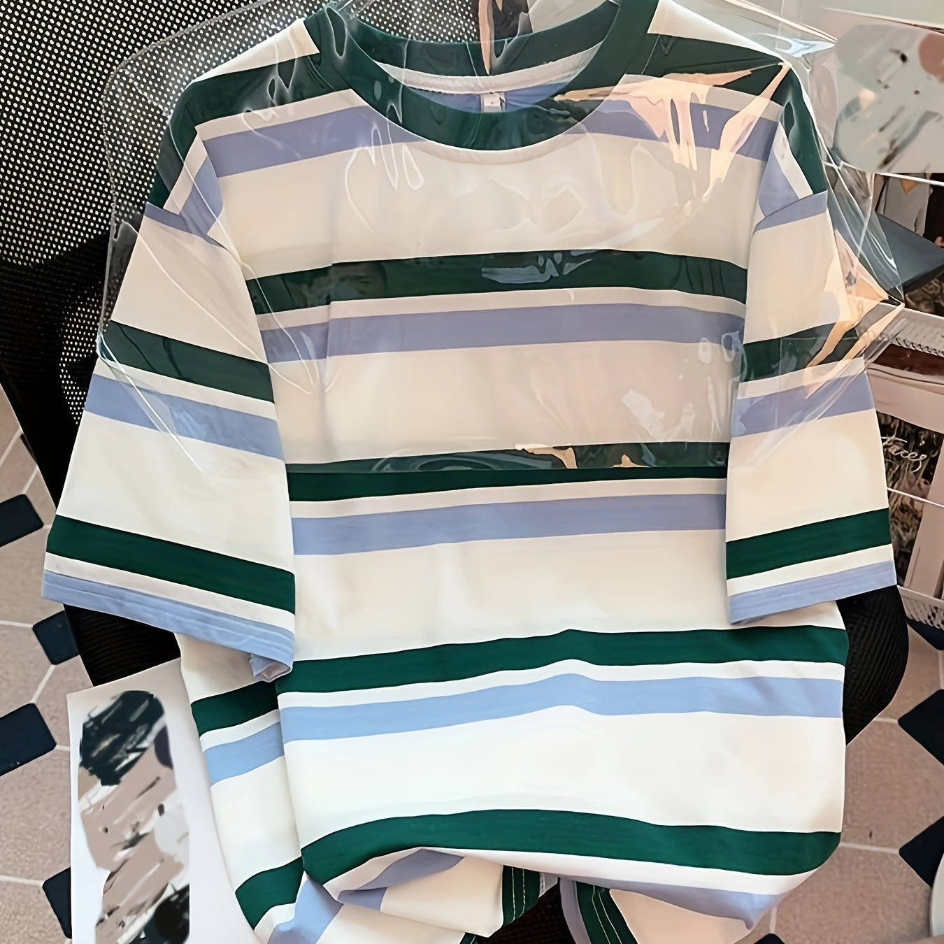 

Striped Print Crew Neck T-shirt, Casual Short Sleeve Top For Spring & Summer, Women's Clothing