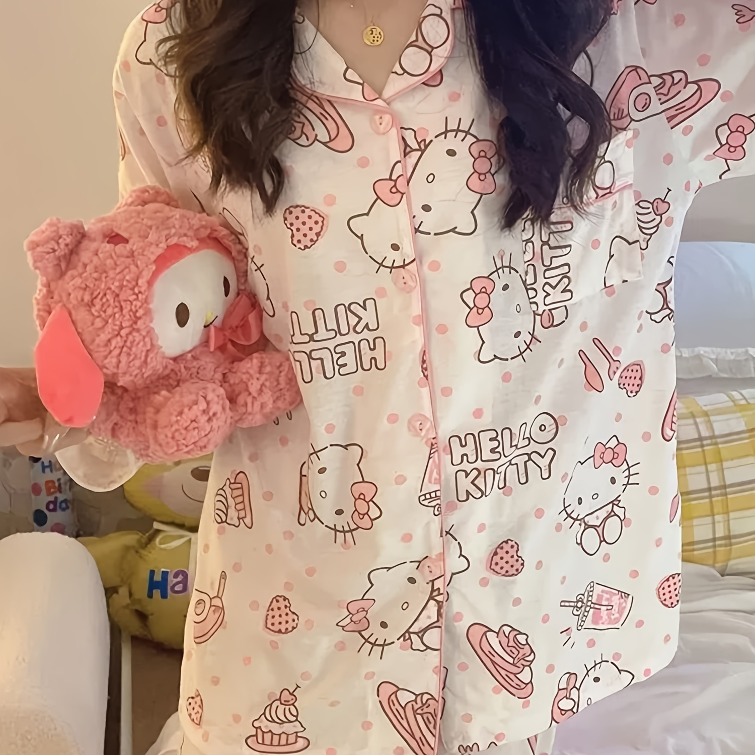 

2pc Authorized By Sanrio Hello Kitty Cute Fashion Long Sleeve Cardigan Pajamas Set Leisure Loose Two-piece Sleepwear Set For Women Girls