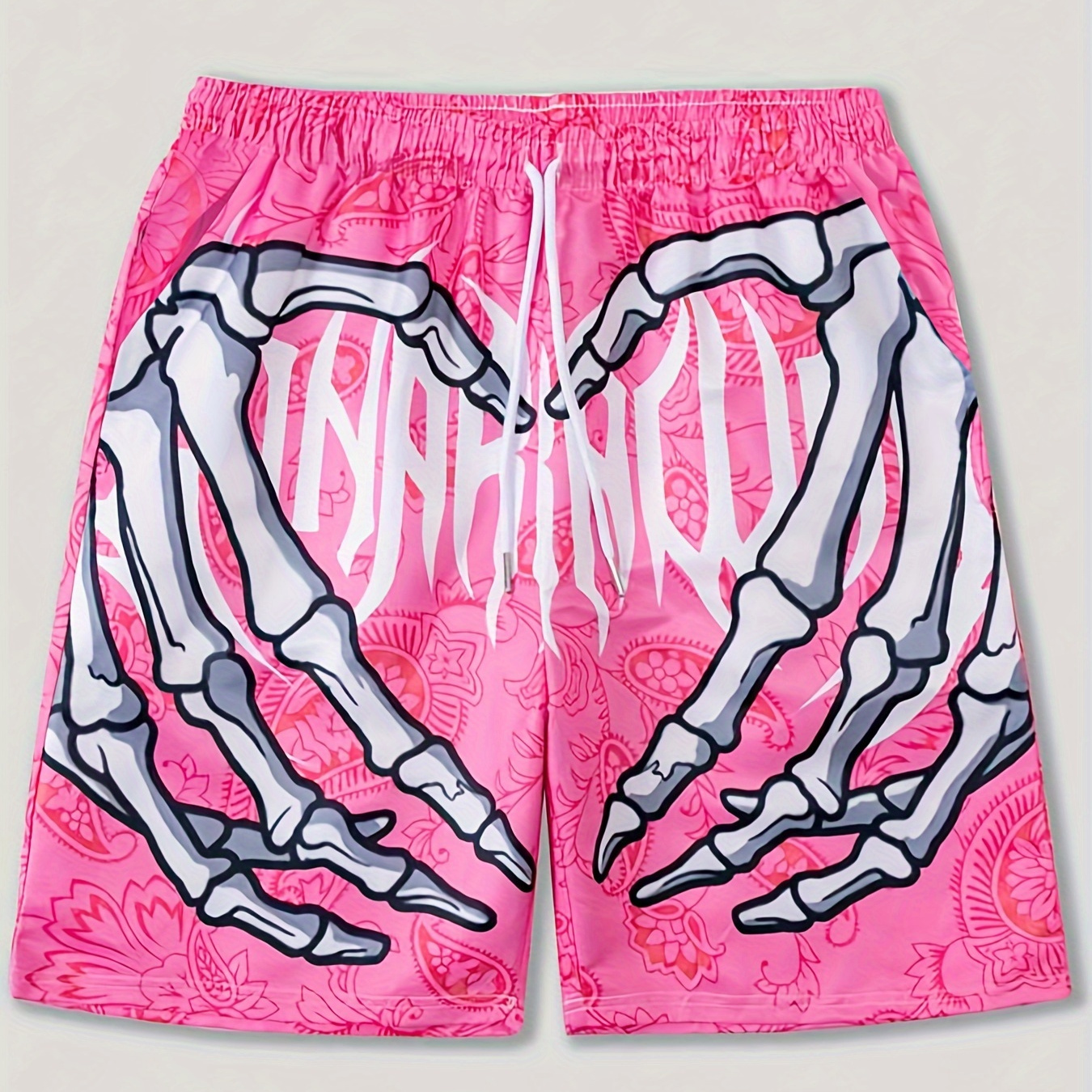 

Men's Trendy Hawaiian Graphic Shorts With Drawstring And Fancy Skeleton Print For Summer Beach, Pool And Resort