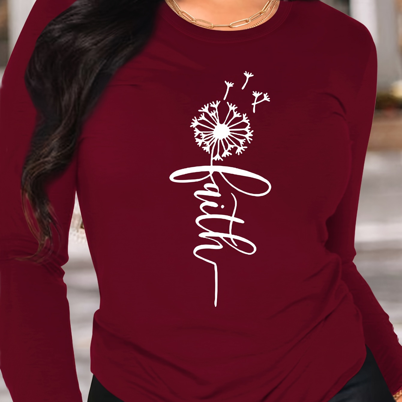 

Dandelion Print T-shirt, Long Sleeve Crew Neck Casual Top For Winter & Fall, Women's Clothing