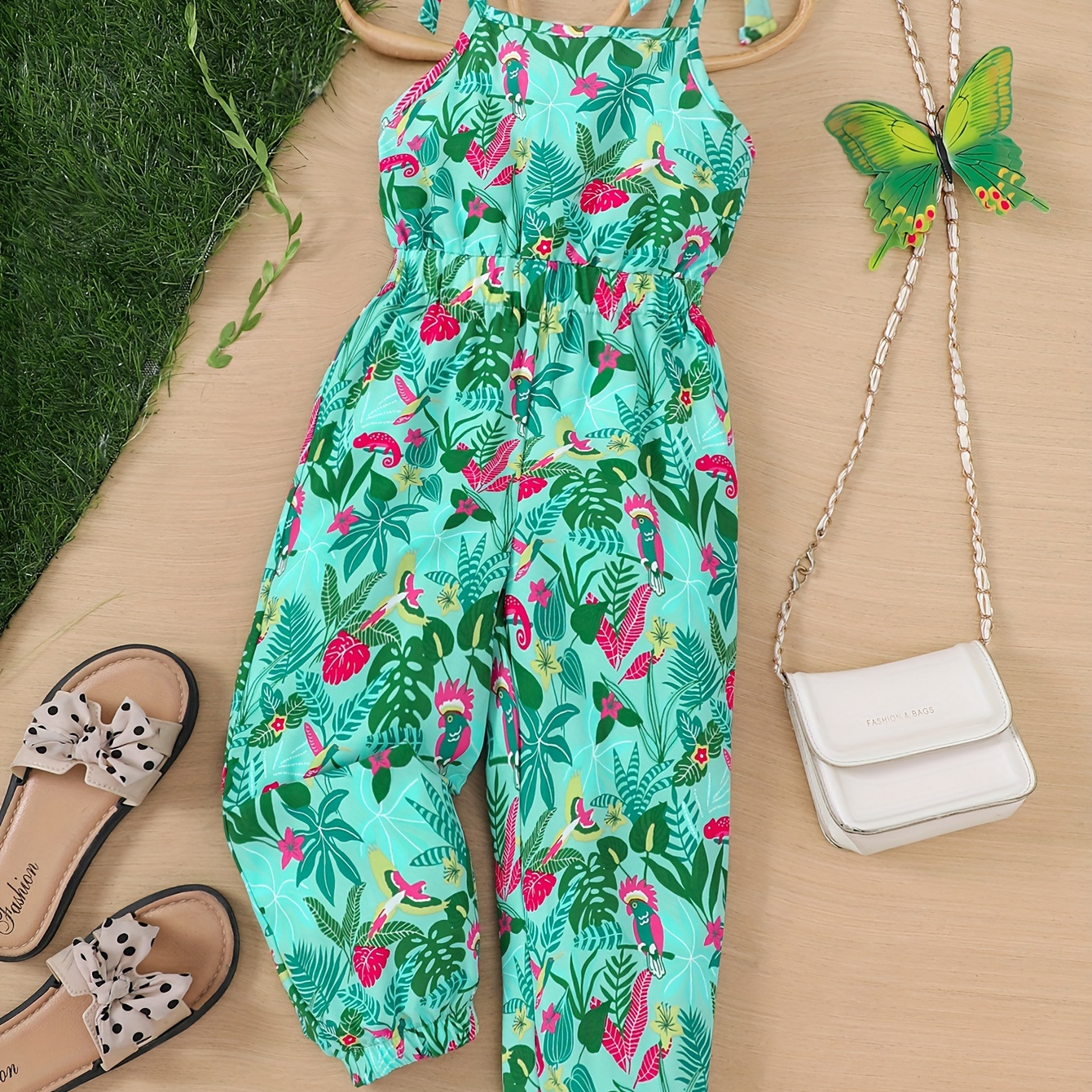 

Cartoon Tropical Leaves Print Bow Decor Cami Jumpsuit Romper For Girls Summer