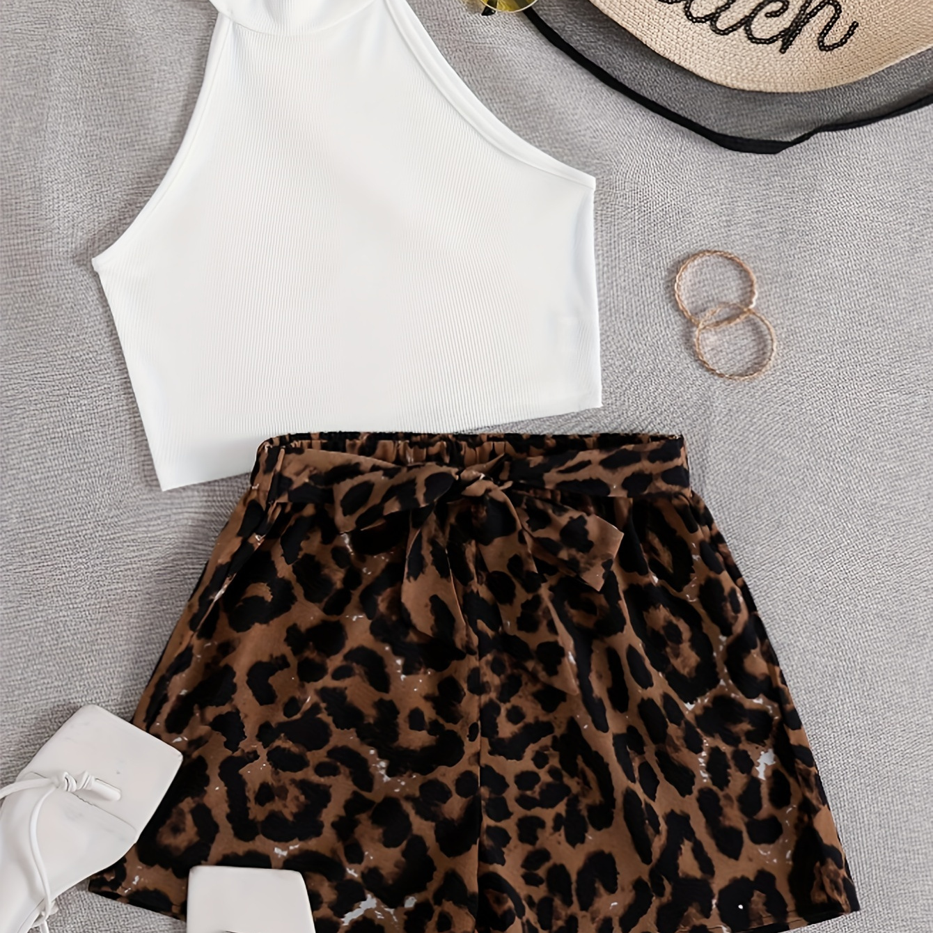 

Leopard Print Casual Shorts Set, Solid Halter Neck Crop Tank Top & Elastic Waist Shorts Outfits, Women's Clothing