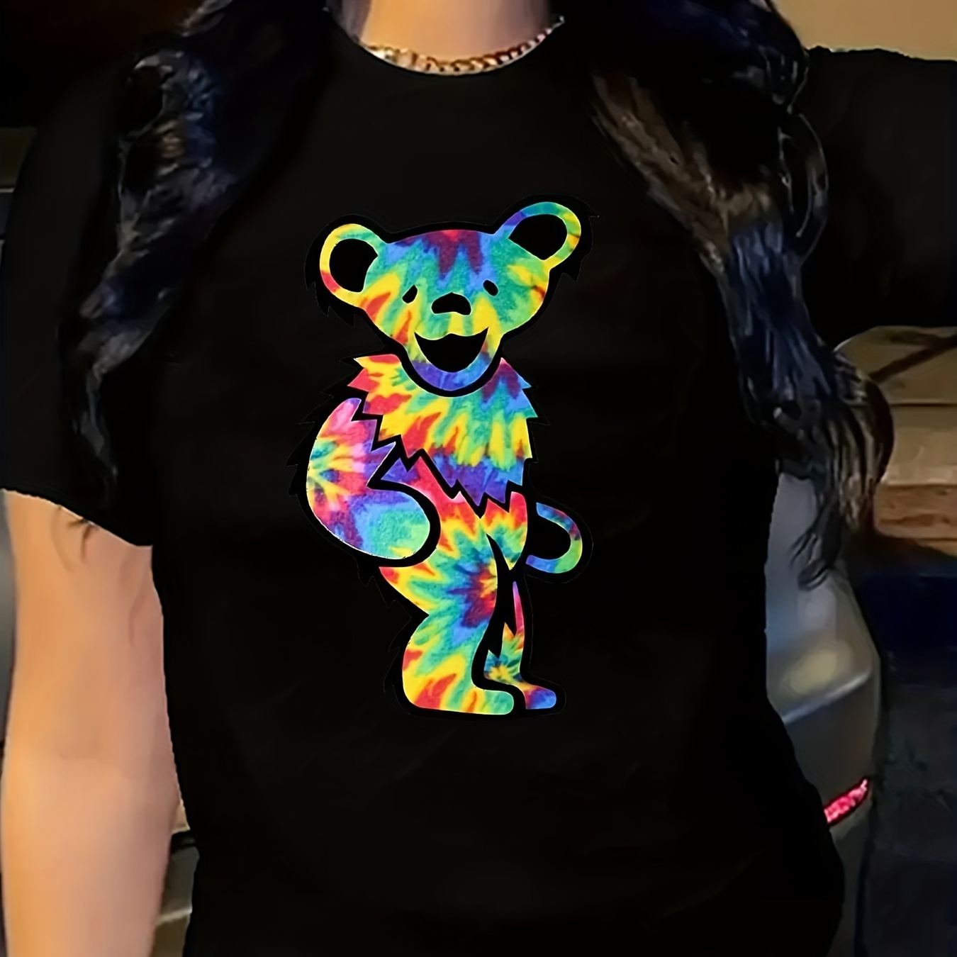 

Colorful Bear Print Crew Neck T-shirt, Casual Short Sleeve Top For Spring & Summer, Women's Clothing