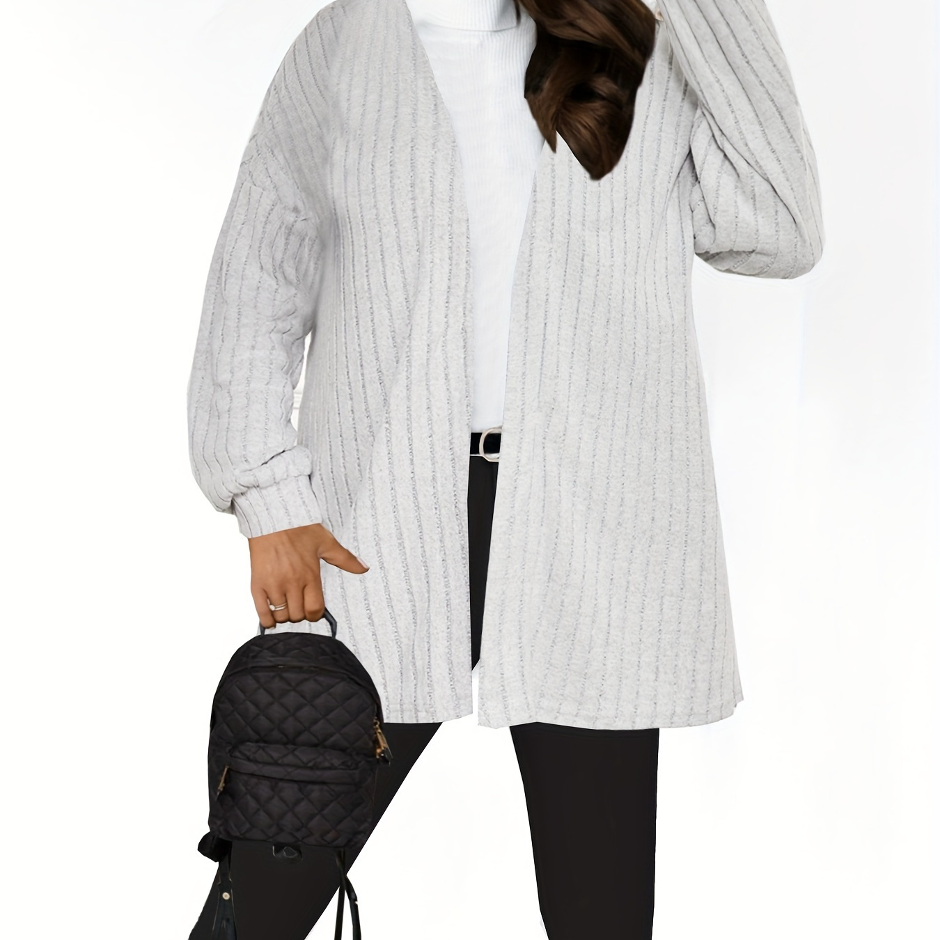 Plus Size Casual Cardigan, Women's Plus Solid Ribbed Open Front High Stretch Knit Cardigan