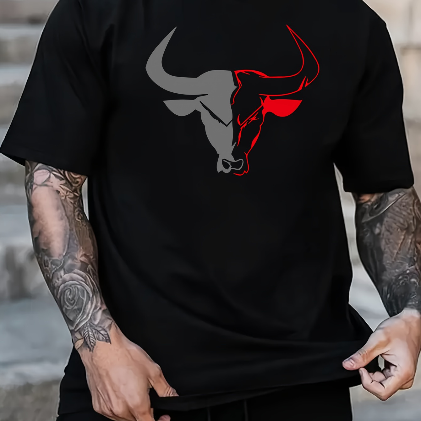 

Bull Head Print Round Neck Comfortable Short-sleeve Shirt With New Men's Fashion Pattern Print, Suitable For Casual Daily Outdoor Activities At Home