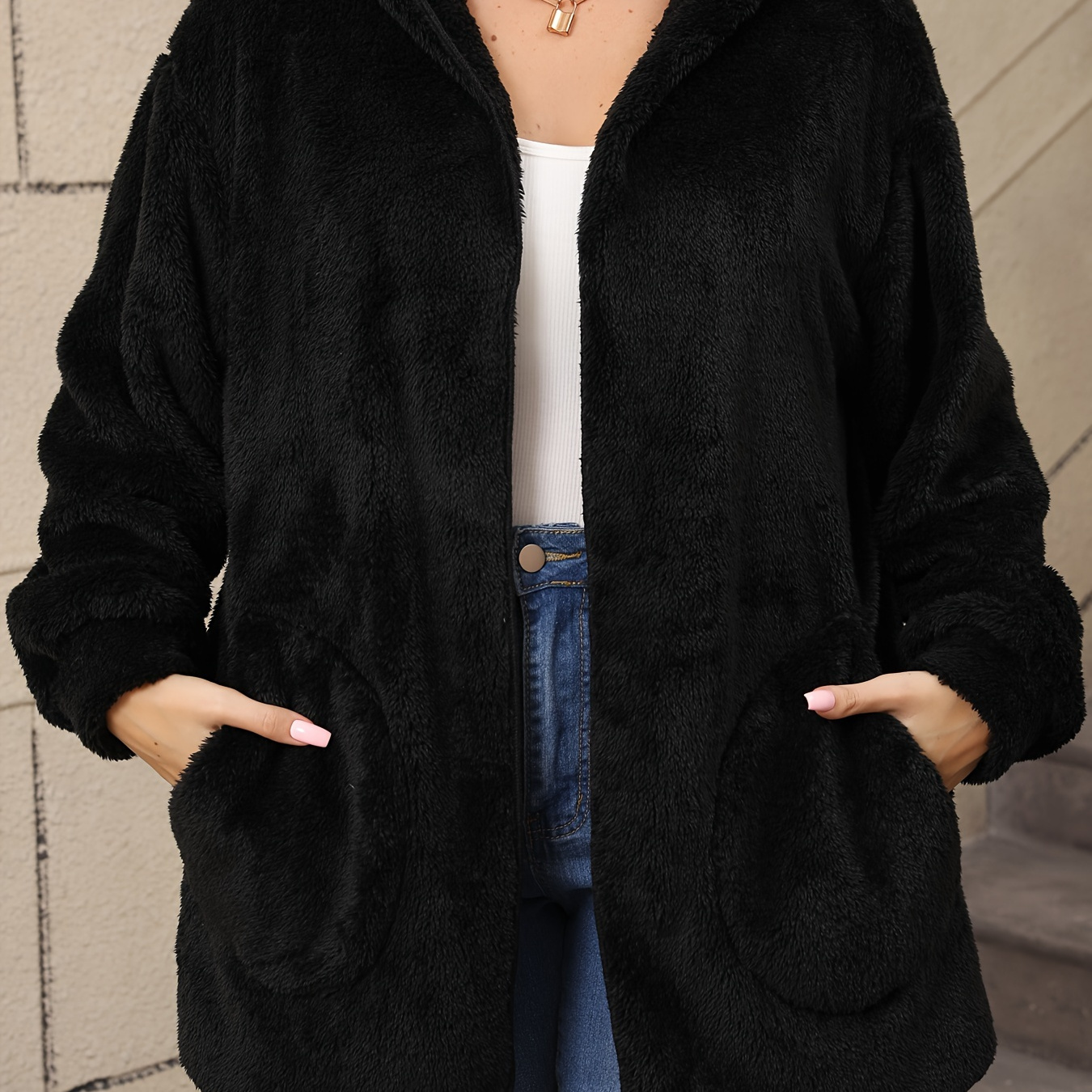 

Cozy Fleece-lined Hooded Jacket For Women - Casual Long Sleeve With Pockets, Machine Washable, Fall/winter