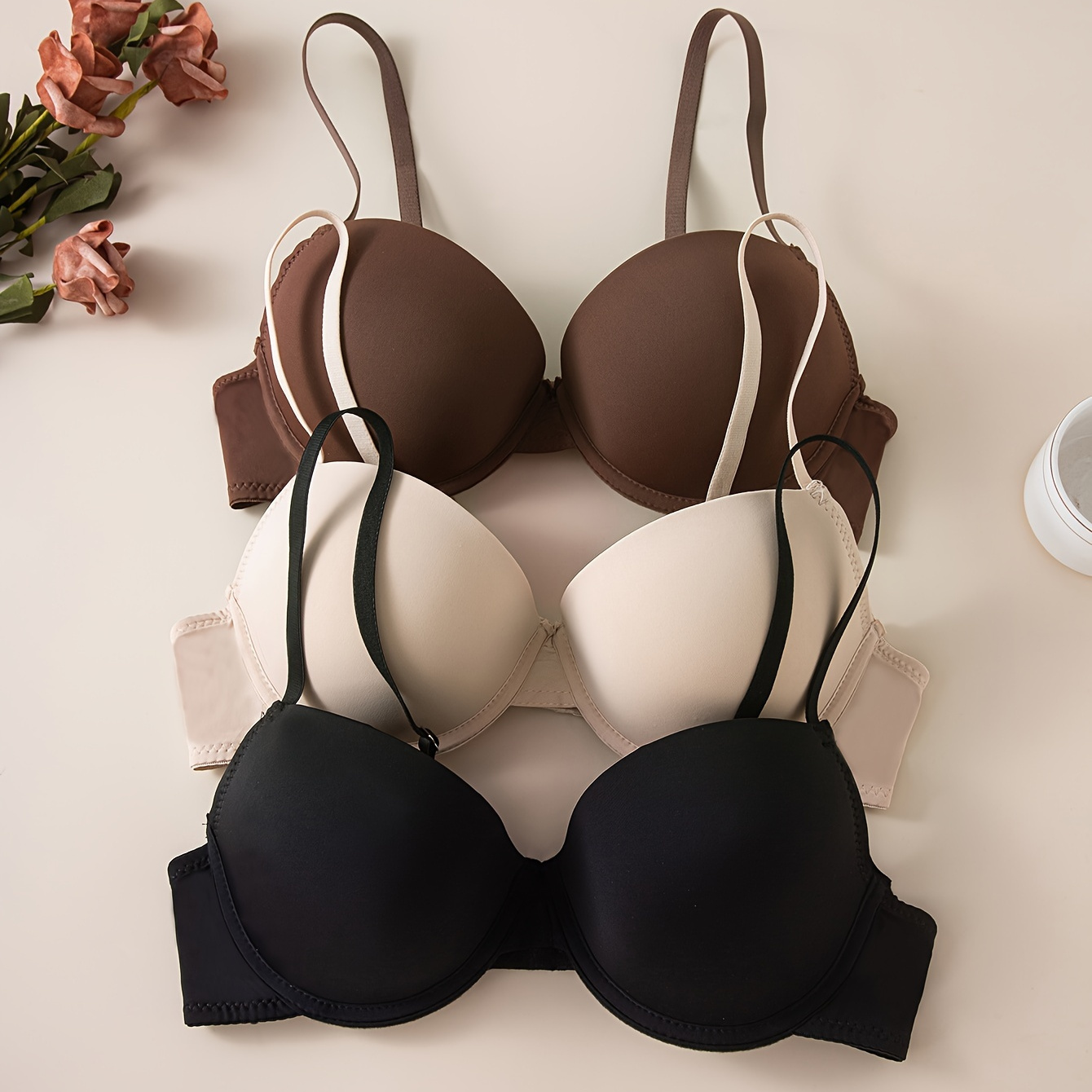 

3pcs Solid Seamless Anti Sagging Underwire Bra, Sexy Comfy Push Up Bra, Women's Lingerie & Underwear