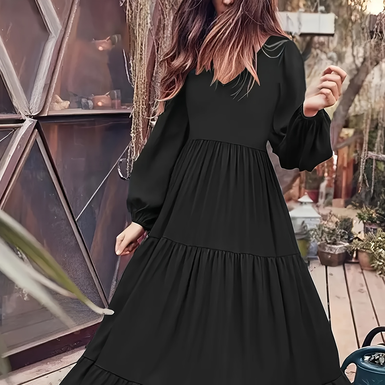 

Solid V Neck Dress, Elegant Long Sleeve Ruffle Hem Dress, Women's Clothing