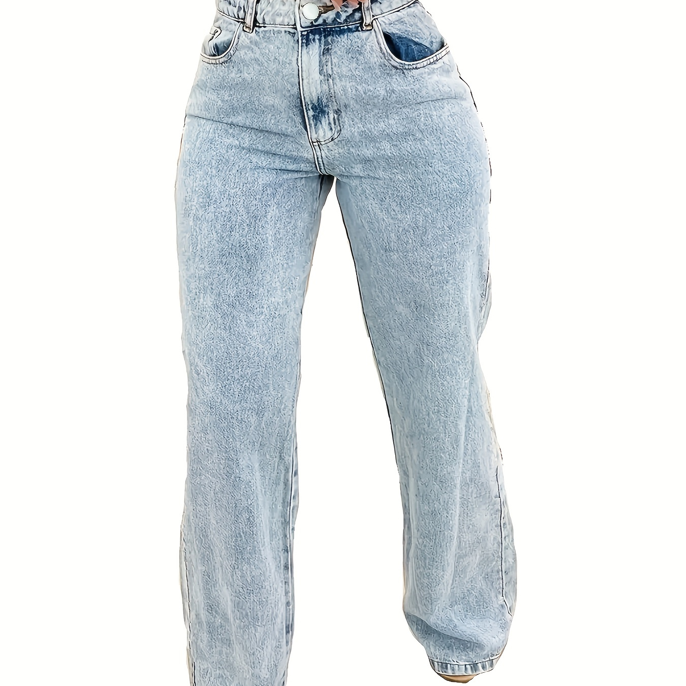 

High-waisted Stretch Cotton Jeans For Women, Straight Leg, Mid-rise, Classic Streetwear Style, Machine Washable