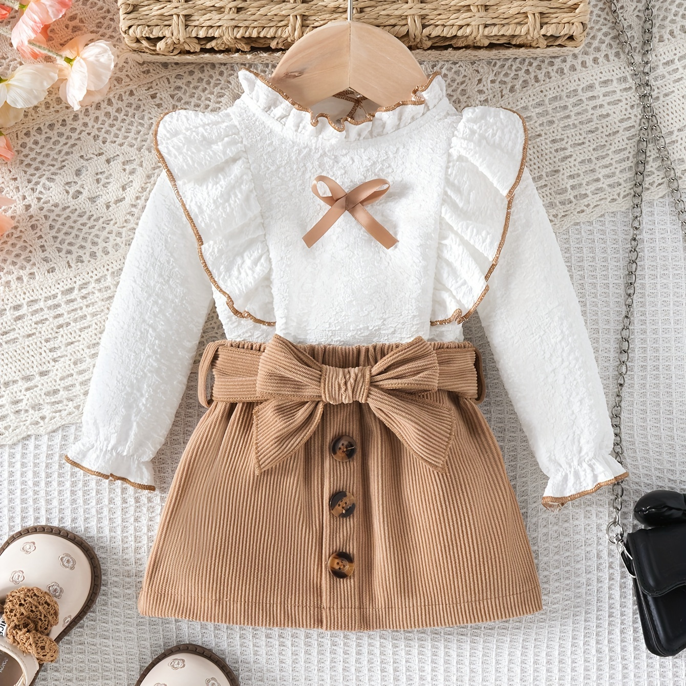 

2pcs 's Bowknot Decor Textured + Button Decor Skirt, Toddler & Infant Girl's Clothing Set, Cloth