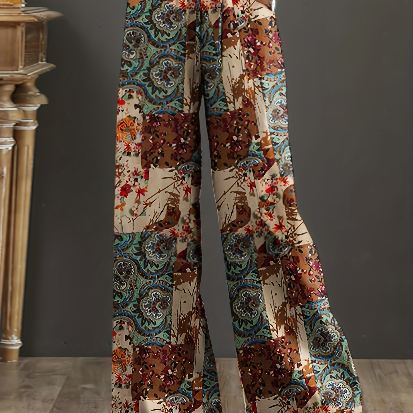 

Tie Waist Patchwork Print Pants, Casual Vacation Style Ethnic Style Dual Pocket Pants, Women's Clothing