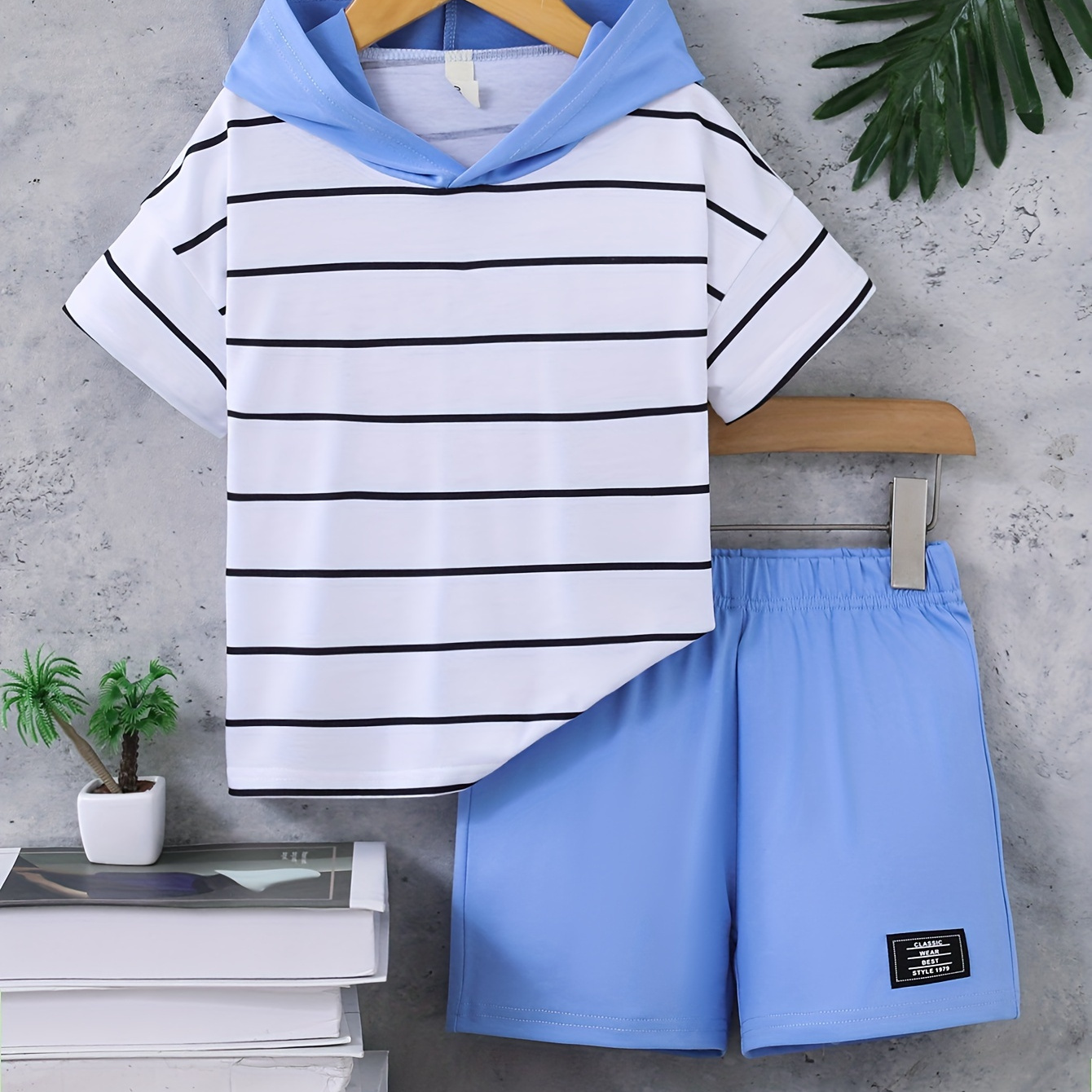 TEMU 2pcs Boys Casual Striped Short Sleeve Hooded T-shirt & Shorts Set, Comfy Summer Boys Clothes