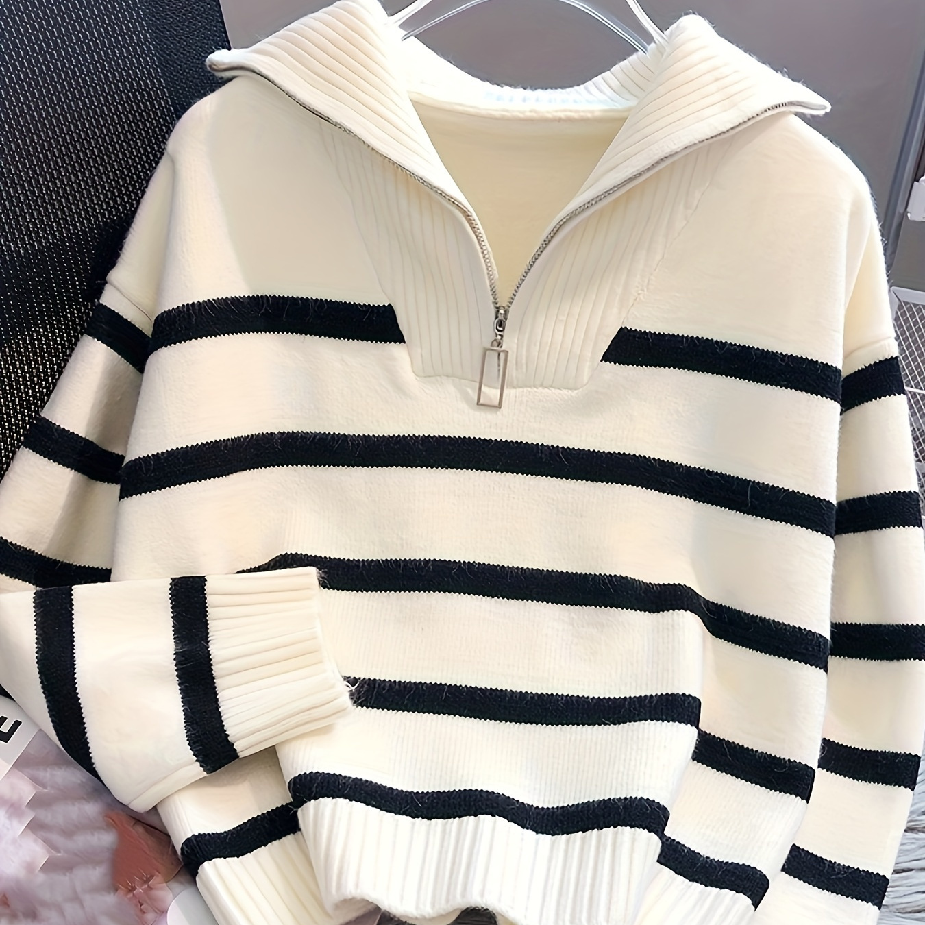 

Elegant Striped Knit Sweater For Women - Casual Zip-up Collar, Long Sleeve Pullover With Loose Fit, Machine Washable - Fall & Winter