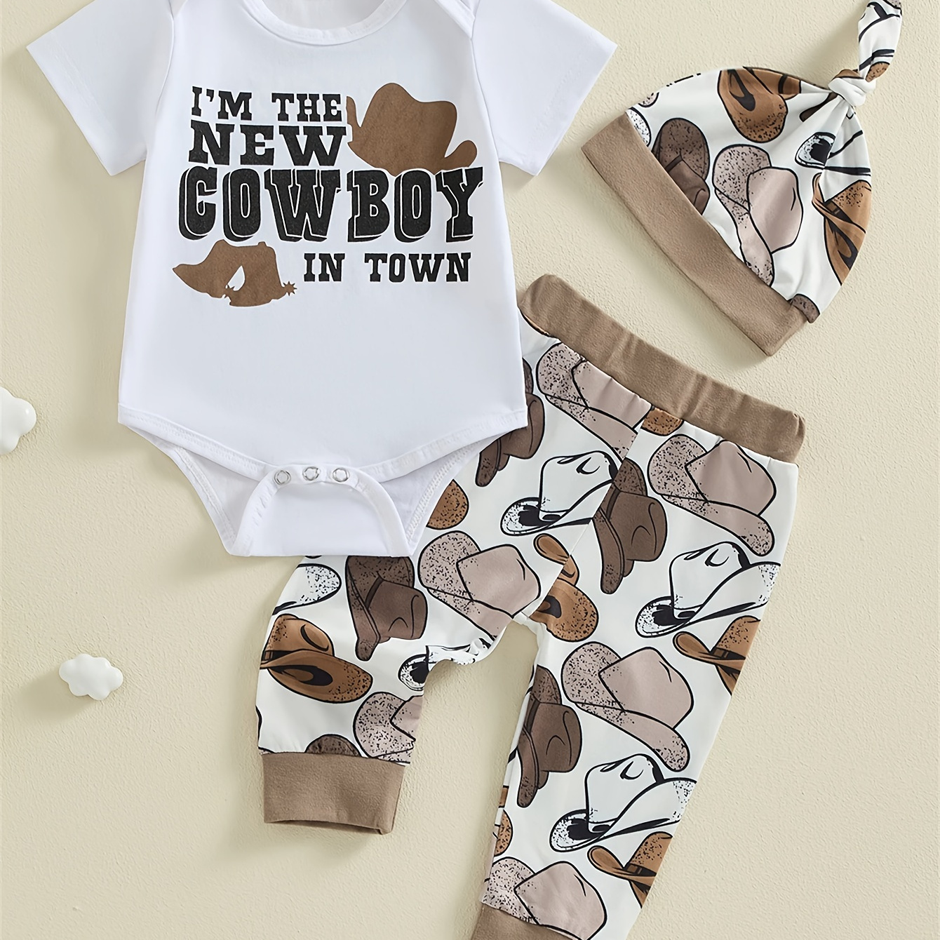 

Baby Boys Cowboy Pattern Outfit, Short Sleeve Triangle Romper & Pants & Hat Set, 3pcs Infants Newborns Clothing