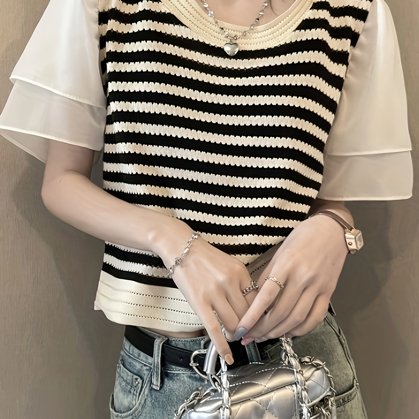 

Color Block Crew Neck T-shirt, Casual Stripes Short Sleeve T-shirt For Spring & Summer, Women's Clothing