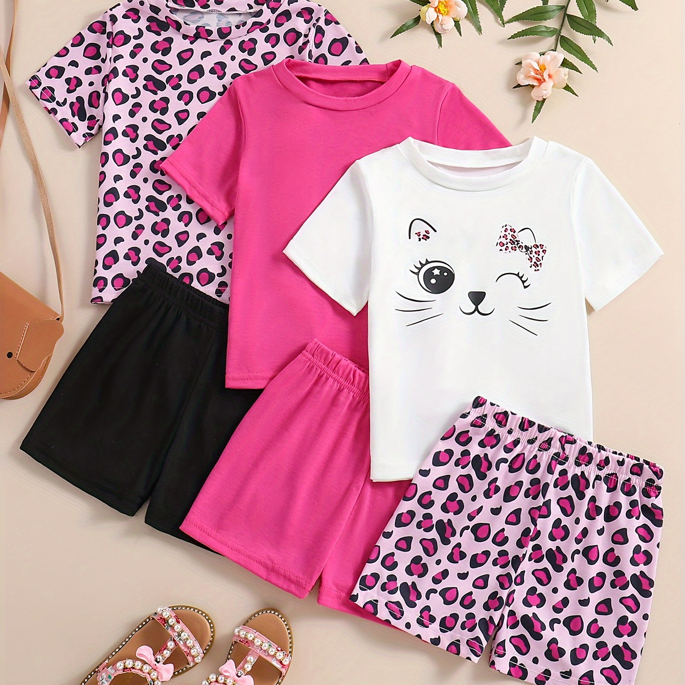 

Girl's 3 Sets, Kitty & Solid & Leopard Graphic Tees + Shorts 6-piece Casual Going Out Girls Summer Clothes