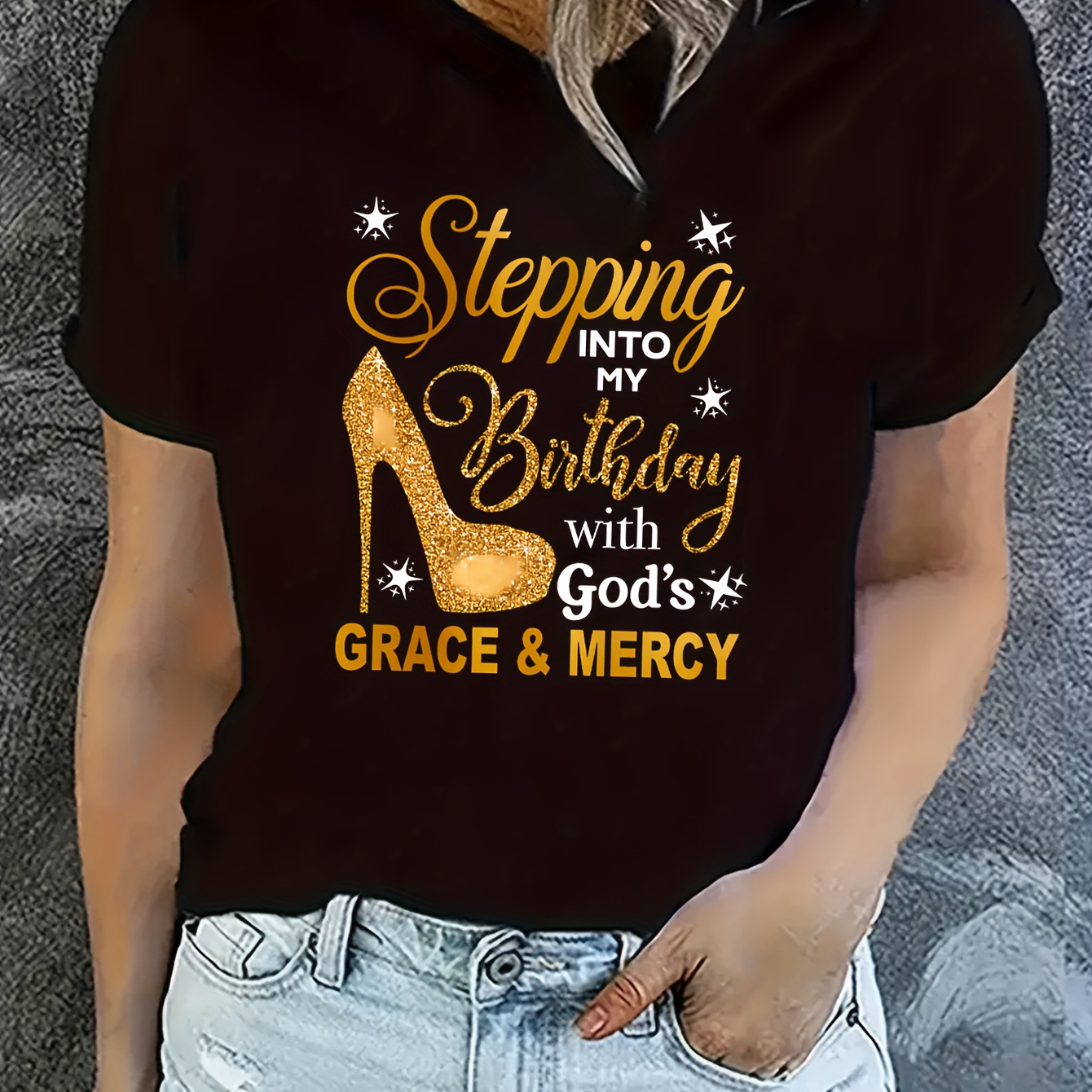 

Birthday Queen T-shirt, Letter & High Heels Graphic Women's Top, Comfort Fit With Inspirational Quote