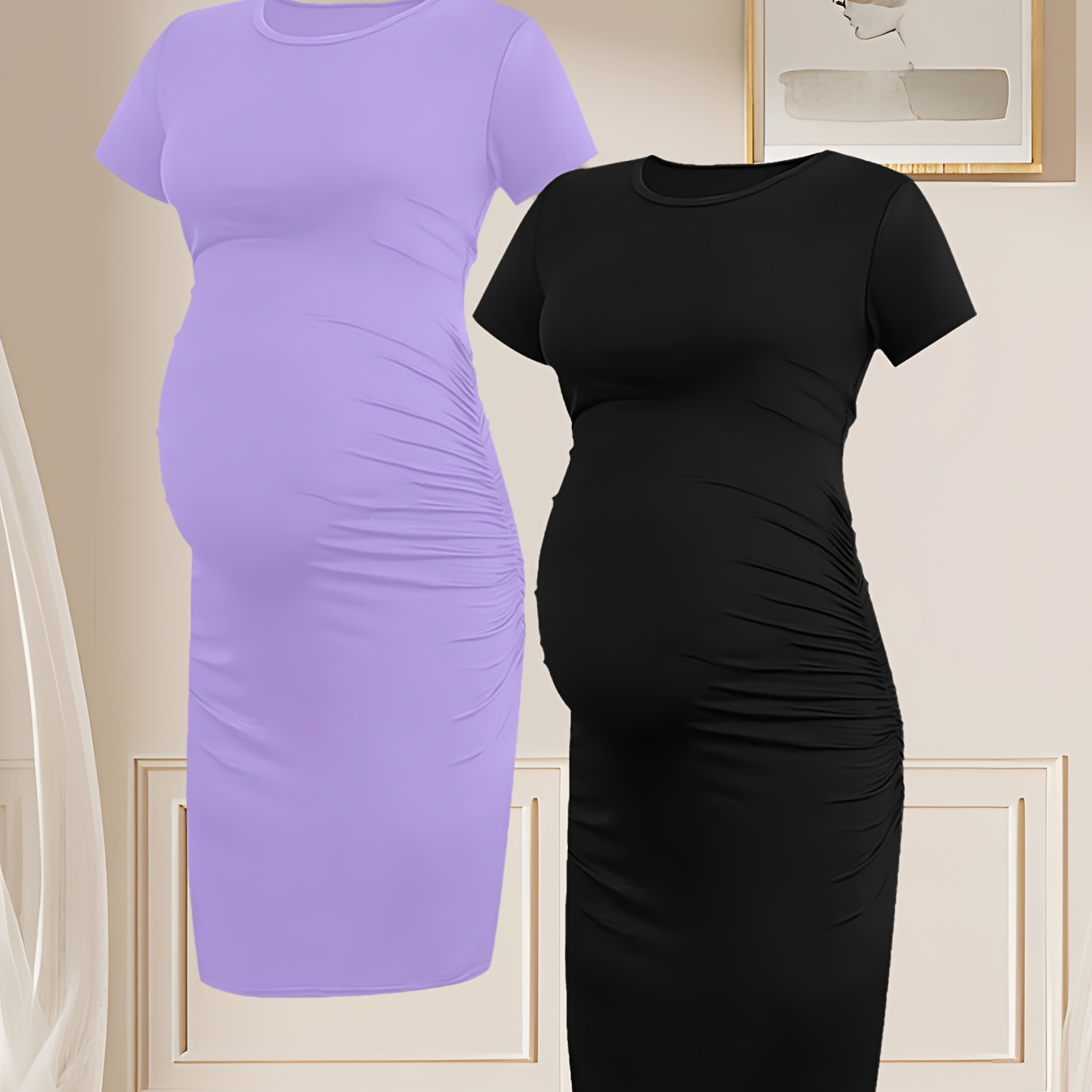 

2 Pcs Women's Maternity Short Sleeve Dress Bodycon Pregnancy Dresses For Daily Wearing Or Baby Shower