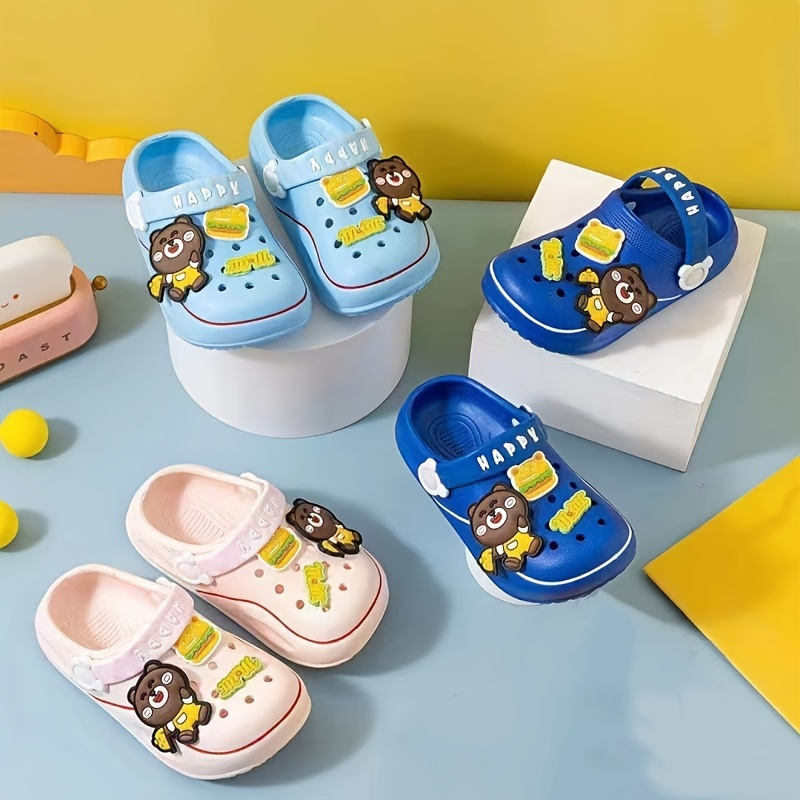 Boys Casual Cute Cartoon Bear Clogs, Non-slip Soft Sole Slip-on Lightweight EVA Sandals Slippers For Indoor Outdoor