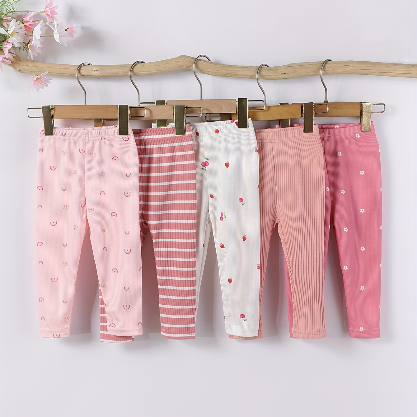 

5pcs Baby's Casual Ribbed Pants, Solid Color/stripe/rainbow/flower/strawberry Cherry Pattern Elastic Waist Trousers, Toddler & Infant Girl's Clothing