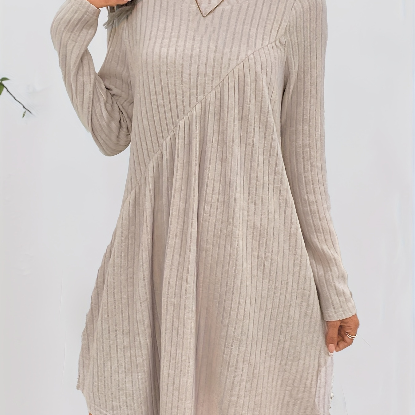 

Ribbed Knitted Asymmetrical Long Sleeve Dress, Casual Solid Color Crew Neck Dress For Spring & Fall, Women's Clothing