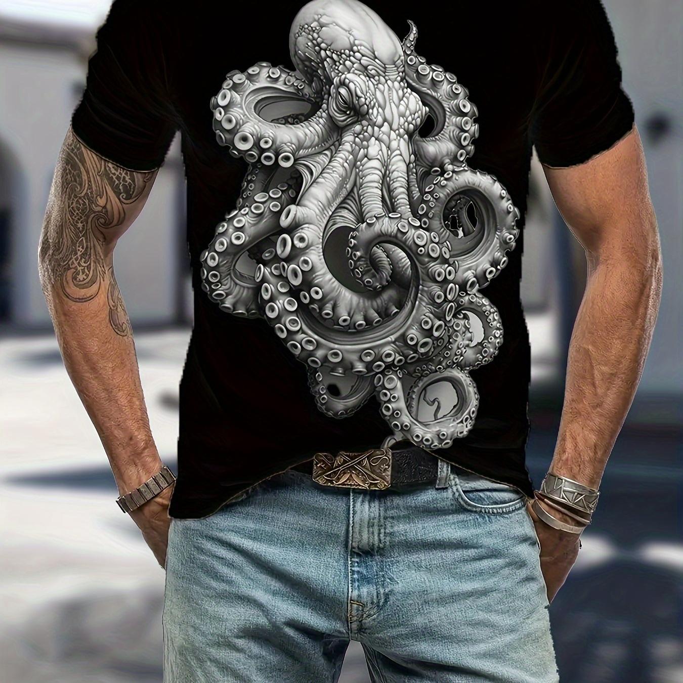 

Men's Summer Casual 3d Octopus Print T-shirt - Breathable Polyester, Crew Neck, Short Sleeve - Casual Attire