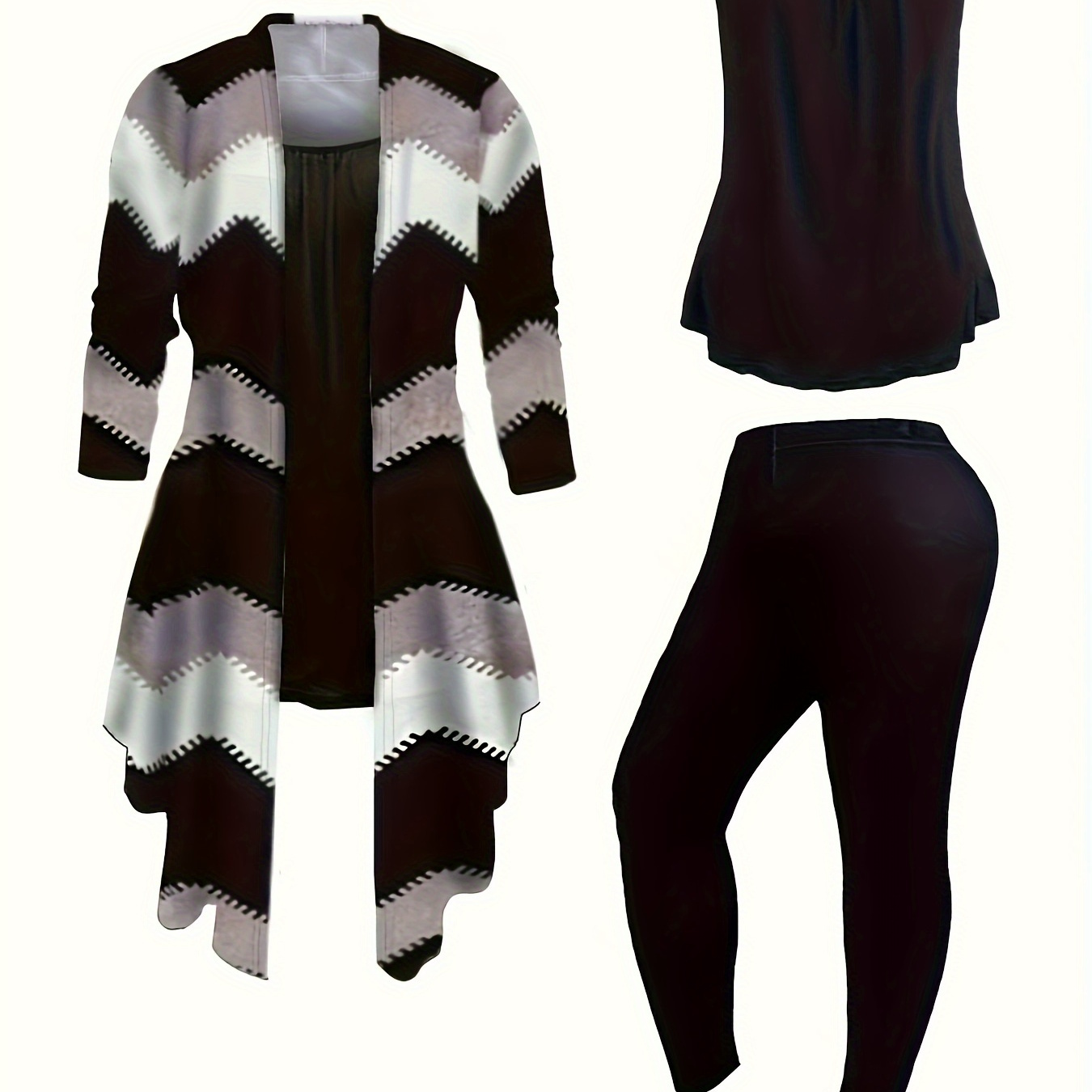 

Plus Size Chevron Print -piece Set, Cami Top + Pants + Long Sleeve Open Front Coat Outfits, Women's Plus Size clothing