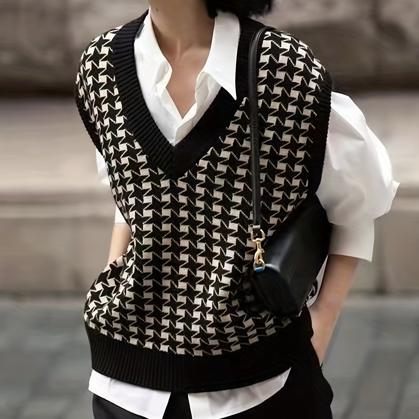 

Houndstooth V Neck Knitted Vest, Vintage Sleeveless Loose Sweater, Women's Clothing