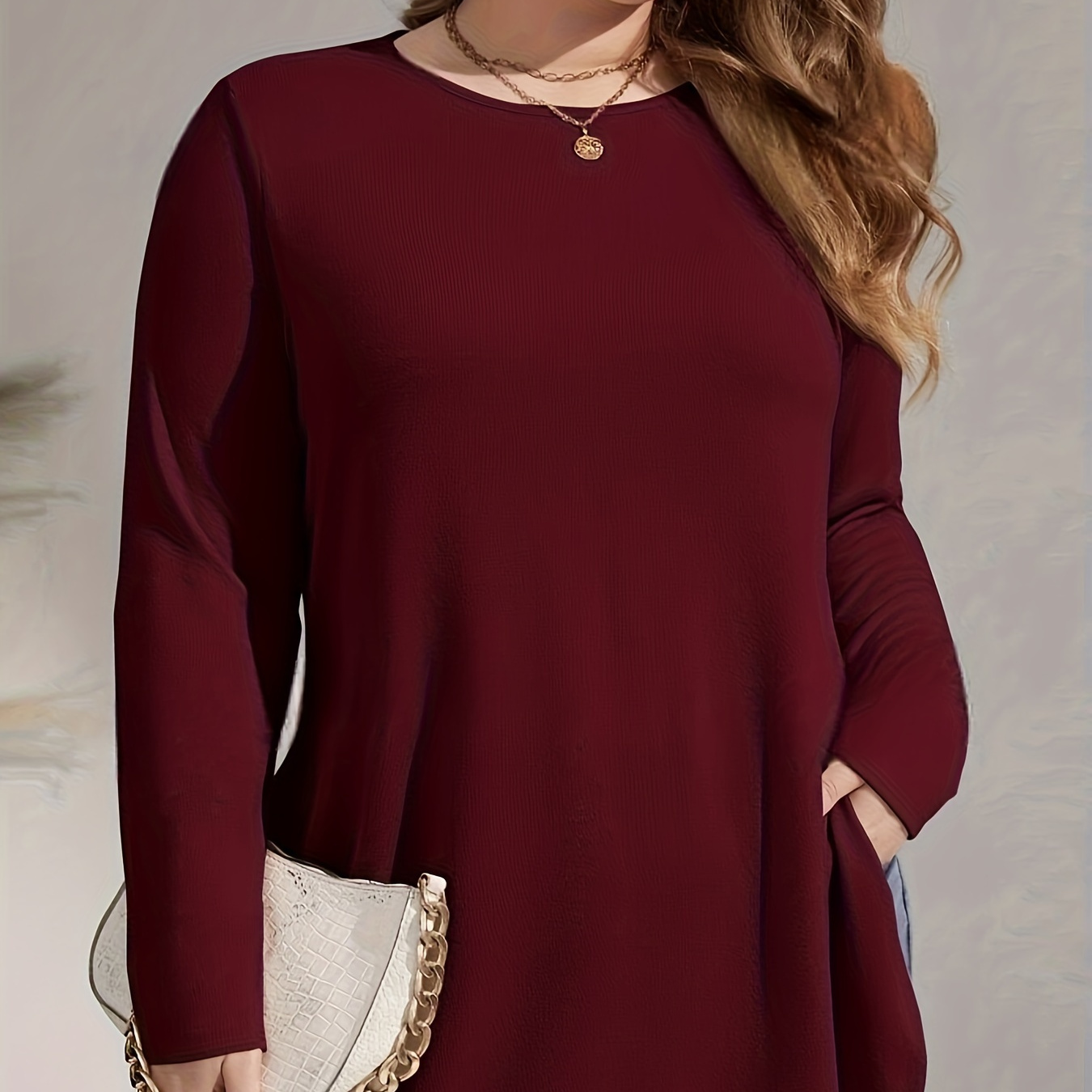 

[customer ] Elegant Long Sleeve T-shirt For Women - Knit Fabric, Stretchy & Soft, Crew Neck With Side Slit Detail, Fall/winter