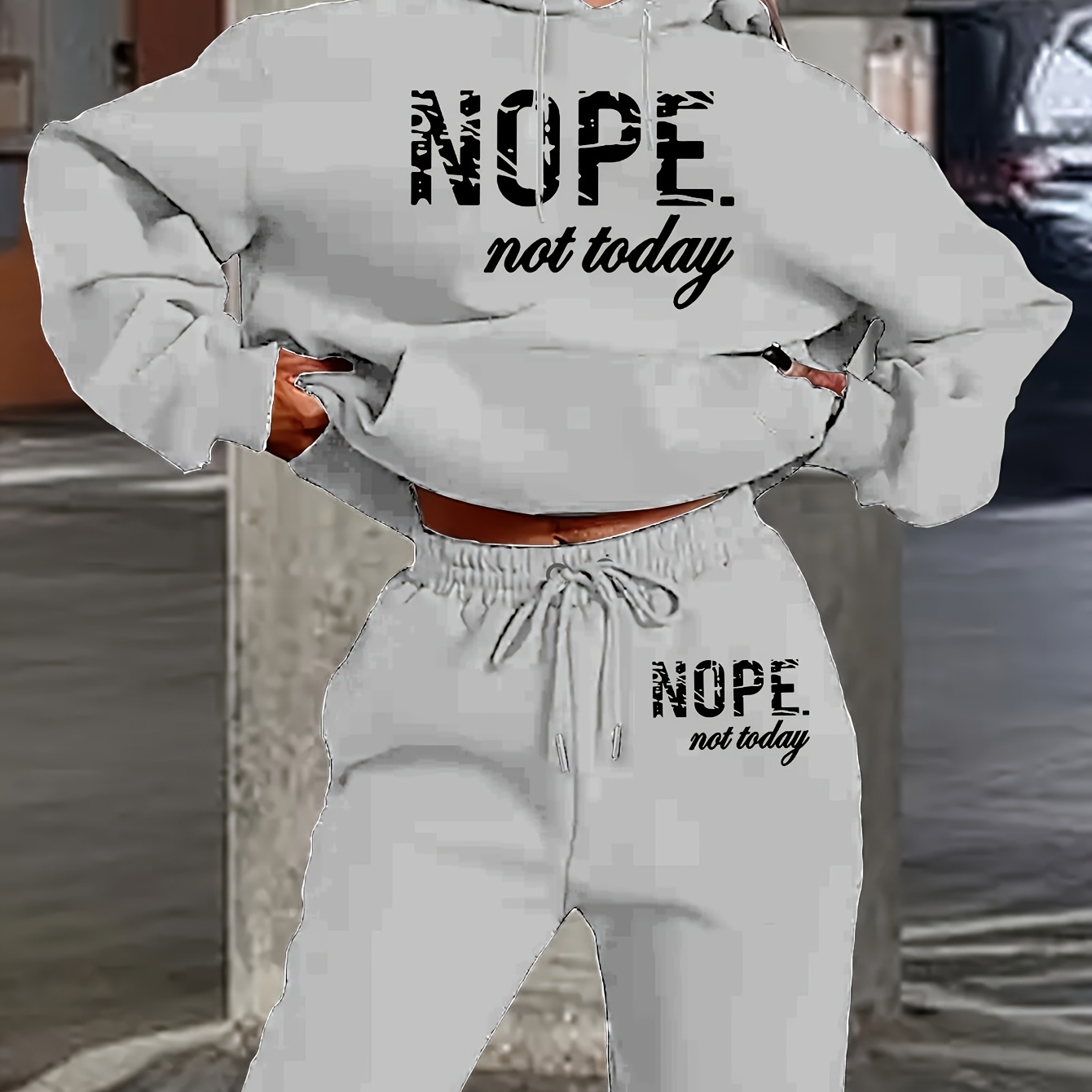 

1 Set Women's Casual Polyester Two-piece Loungewear, "nope " Letter Print, Hooded Sweatshirt With Pockets & Drawstring Joggers, Knit Fabric, Loose Fit, Fall/