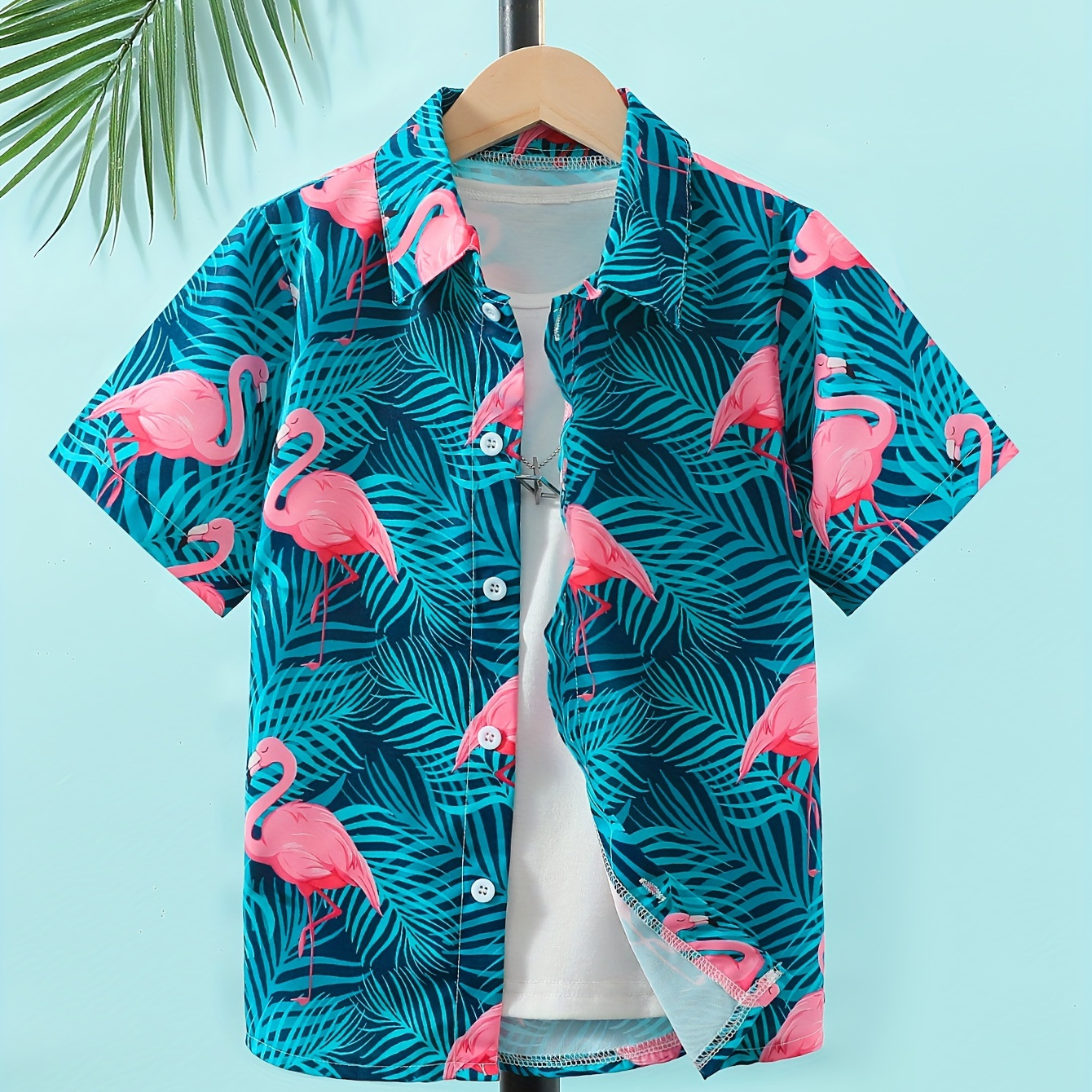 

Boy's Flamingo Pattern Hawaii Shirt, Short Sleeve Front Button Comfy Loose Summer Holiday Shirt