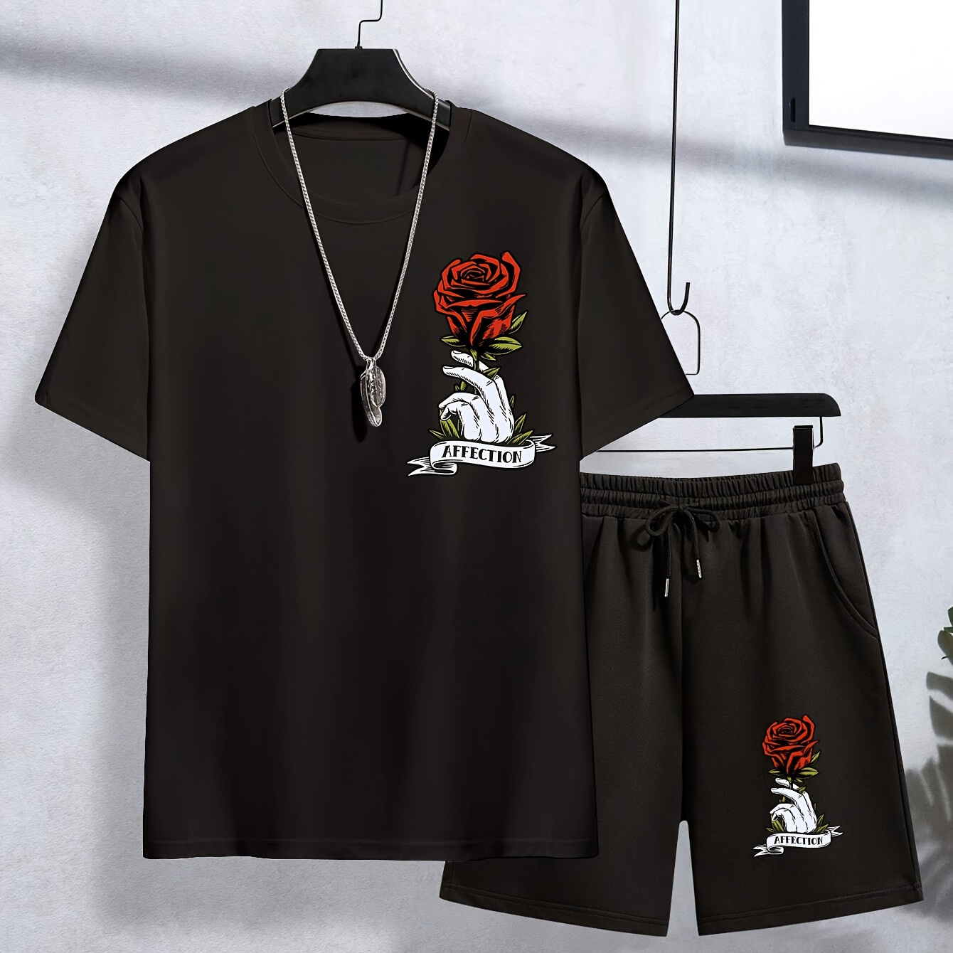 

2pcs Boy's Summer Casual Co-ord Set - Hand And Rose Pattern Short Sleeve T-shirt + Shorts Cool Comfy Set As Gift