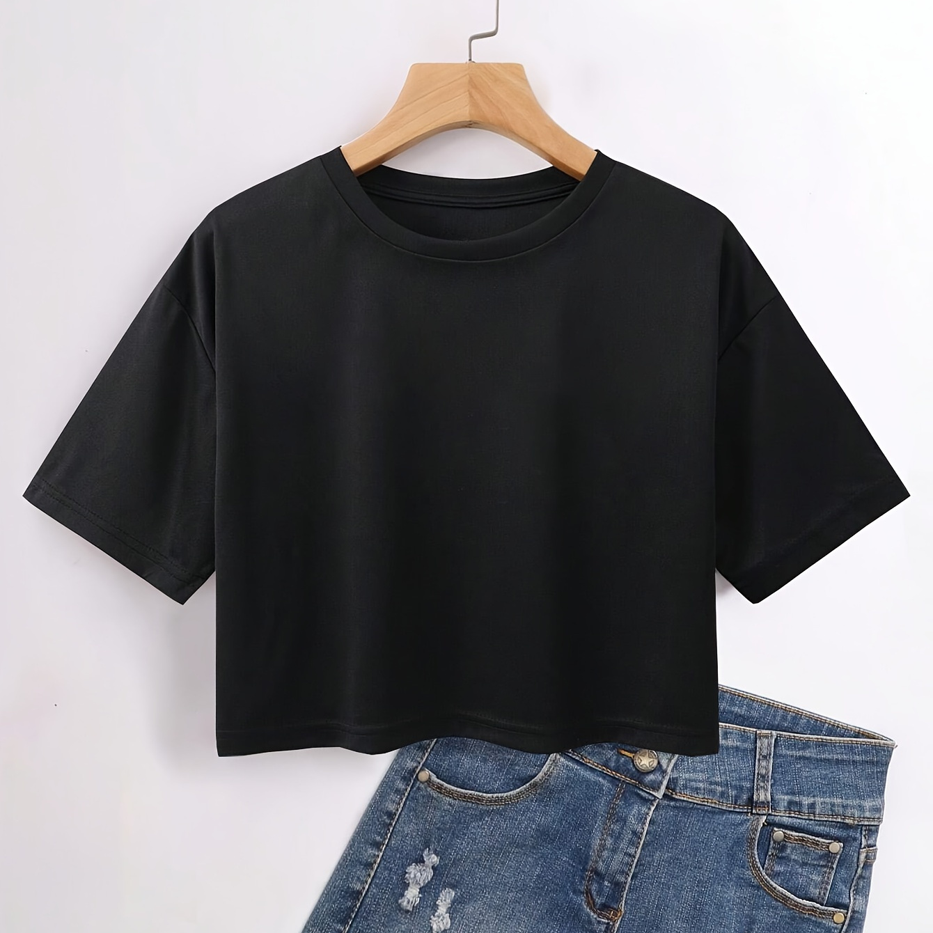 

Solid Color Crop T-shirt, Casual Crew Neck Short Sleeve Top For Spring & Summer, Women's Clothing