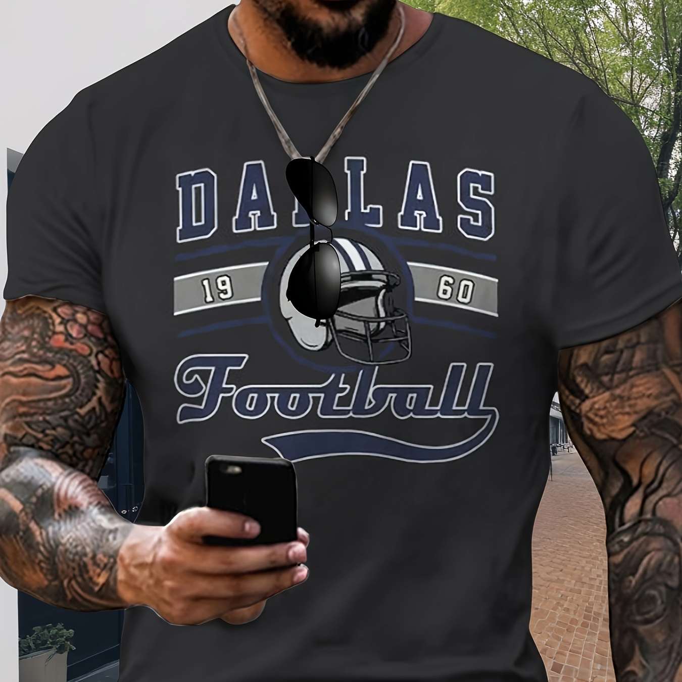 

Plus Size Dallas Football Helmet Print T-shirt | 95% Polyester 5% Spandex | Casual Party Crew Neck Tee | Men's Regular Fit Knit Fabric Top With Slight Stretch | Patterned Sports Streetwear