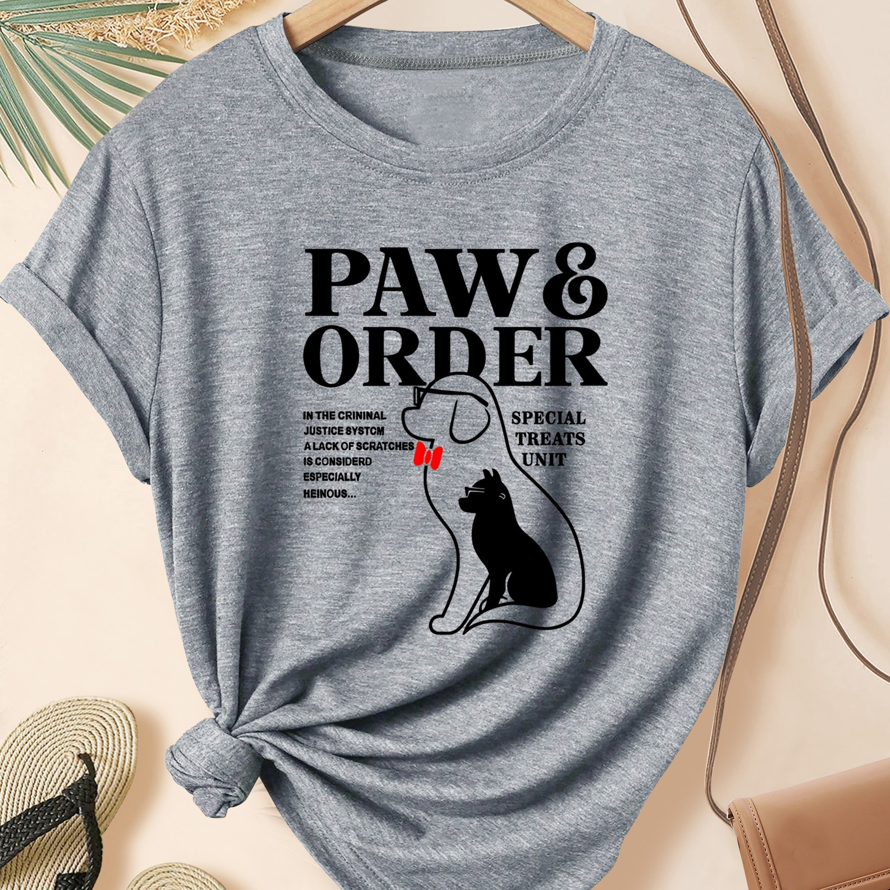 

Women's Casual T-shirt With "paw & Order" Dog Print, Summer Round Neck Short Sleeve Sporty Top
