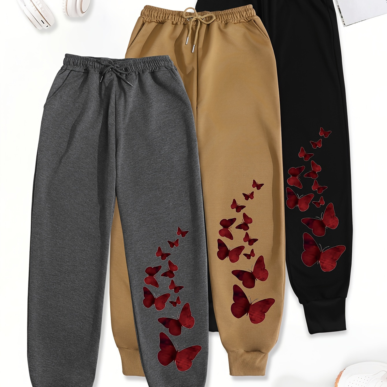 

3-pack Women's Casual Knit Polyester Joggers With Print, Waist, Pockets, Loose Pants