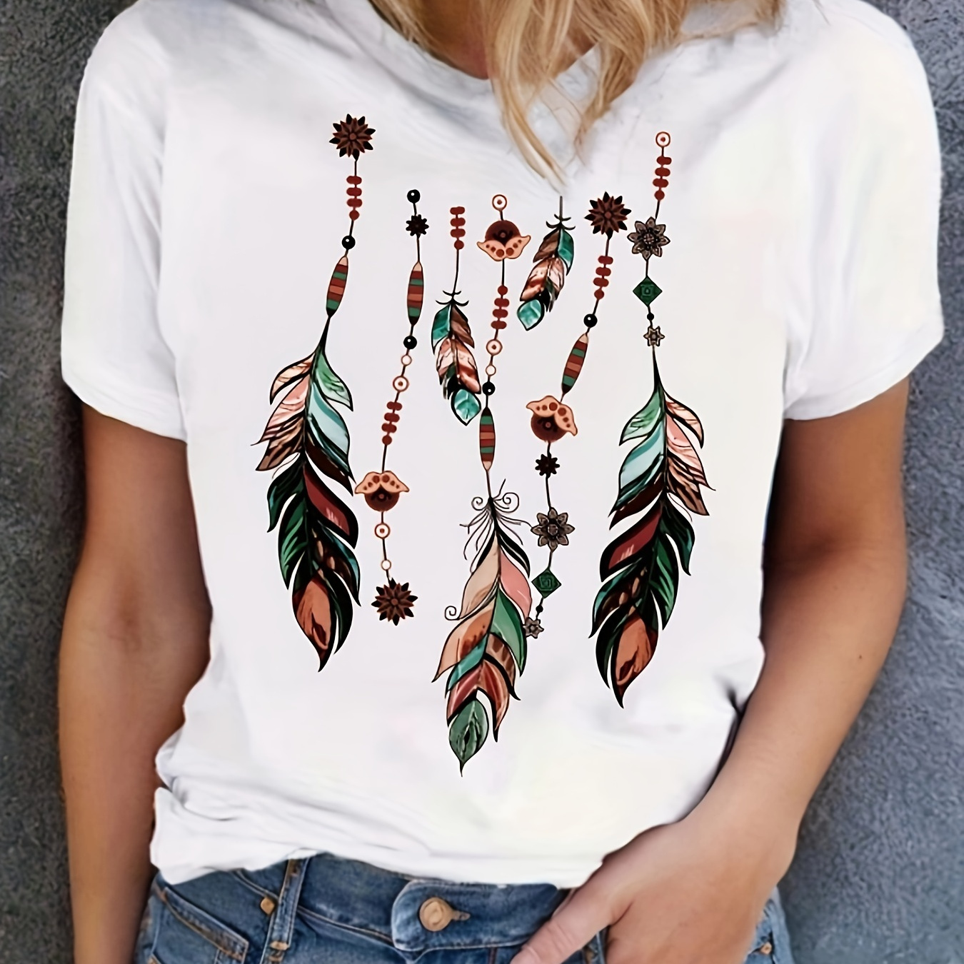 

Feather Print T-shirt, Short Sleeve Crew Neck Casual Top For Summer & Spring, Women's Clothing