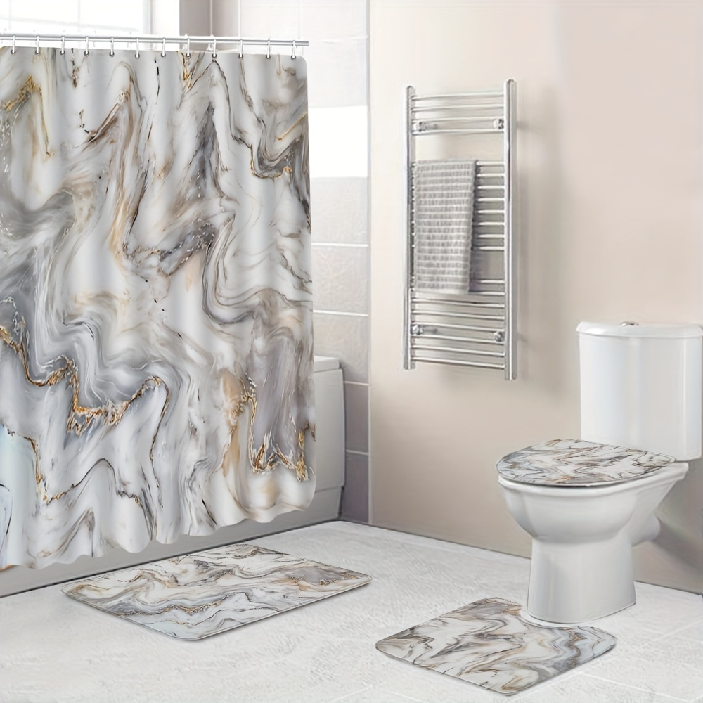 Gray Golden Marble Shower Curtain Set Bathroom Decor - Temu