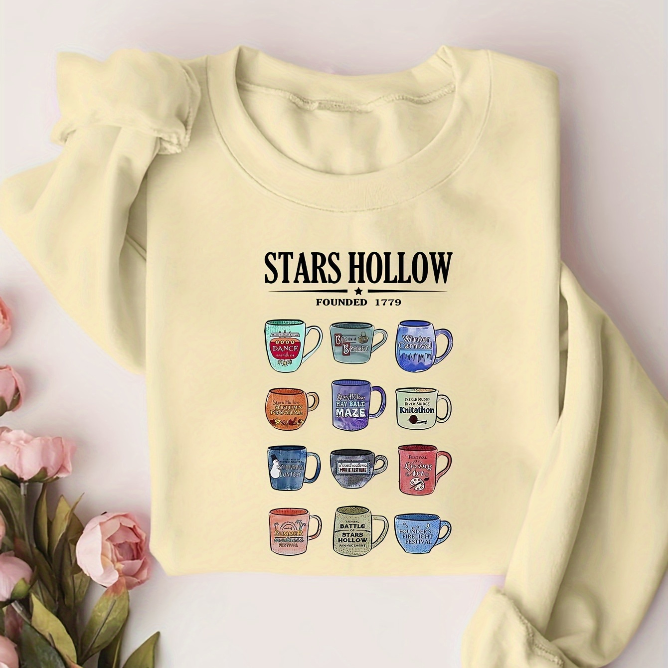 

Stars Hollow Mugs Graphic Polyester Sweatshirt, 100% Polyester Knit Fabric, Casual Crew Neck Pullover, Cartoon Print Long Sleeve Top For Women - Fall/winter Collection