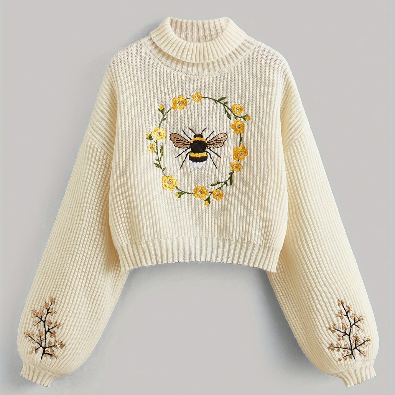 

Plus Size Bee & Floral Embroidered Sweater, Casual Long Sleeve High Neck Lantern Sleeve Sweater, Women's Plus Size Clothing