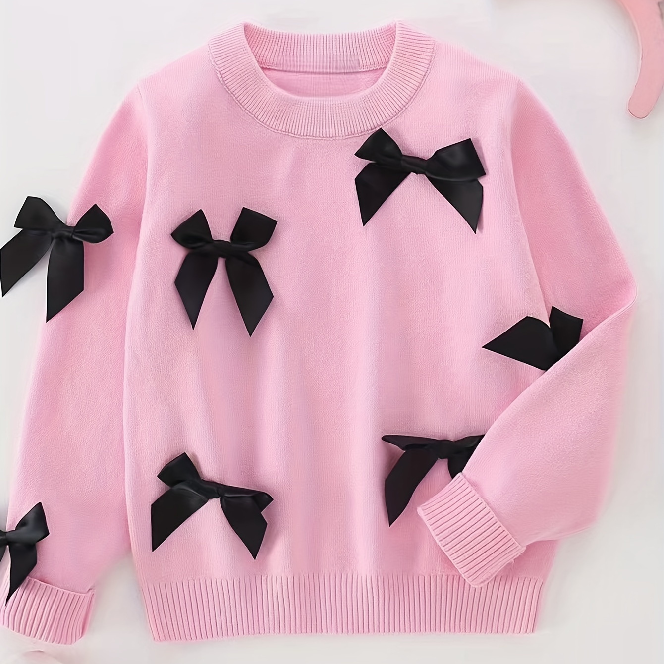 

Cotton Knit Sweater For Girls - Cute Bow Detail, Long Sleeve, Round Neck, Regular Fit, Solid Color, Non-waterproof, For - Autumn/winter Collection