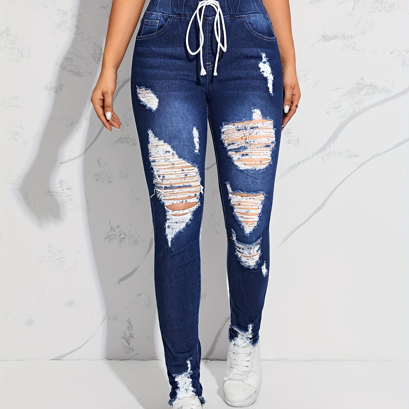 Blue Drawstring Elastic Waist Skinny Jeans Ripped Holes Slim - Temu