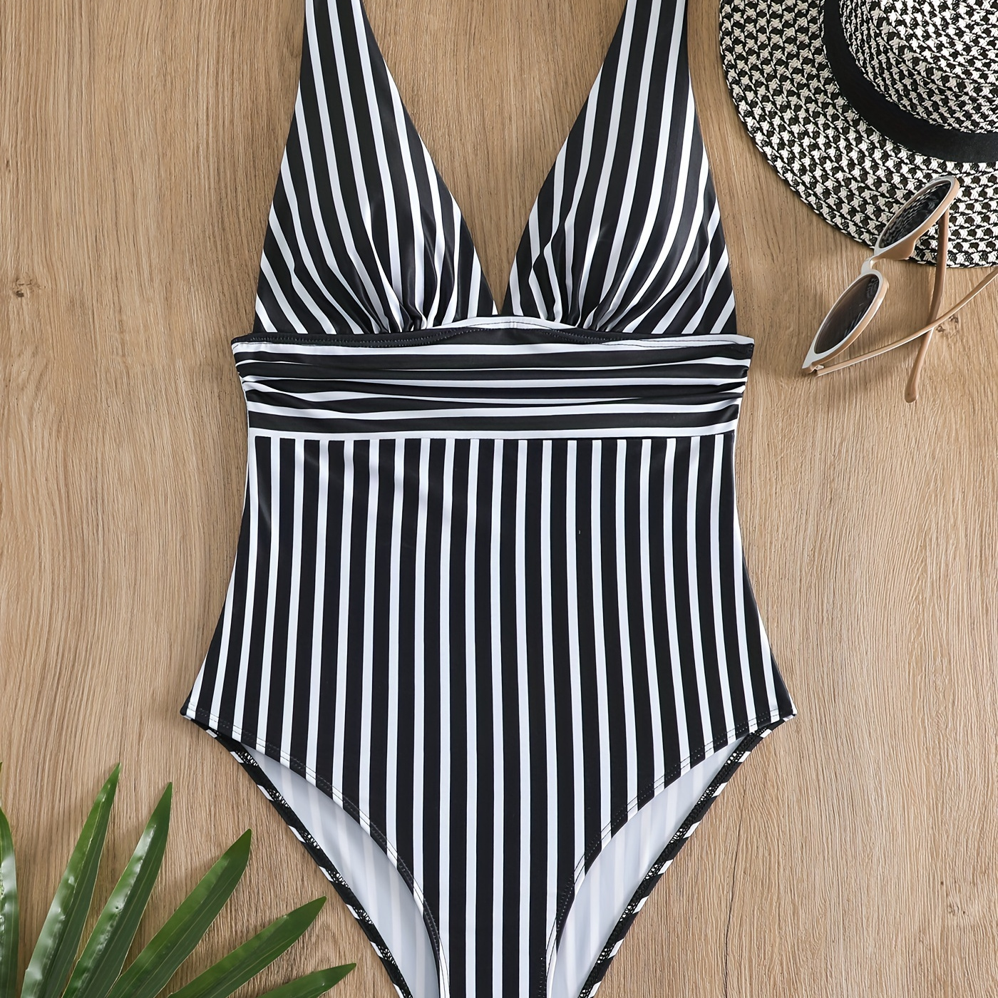 

Black & White Striped Print Retro One-piece Swimsuit, V Neck Stretchy High Slimming Bathing Suits, Women's Swimwear & Clothing
