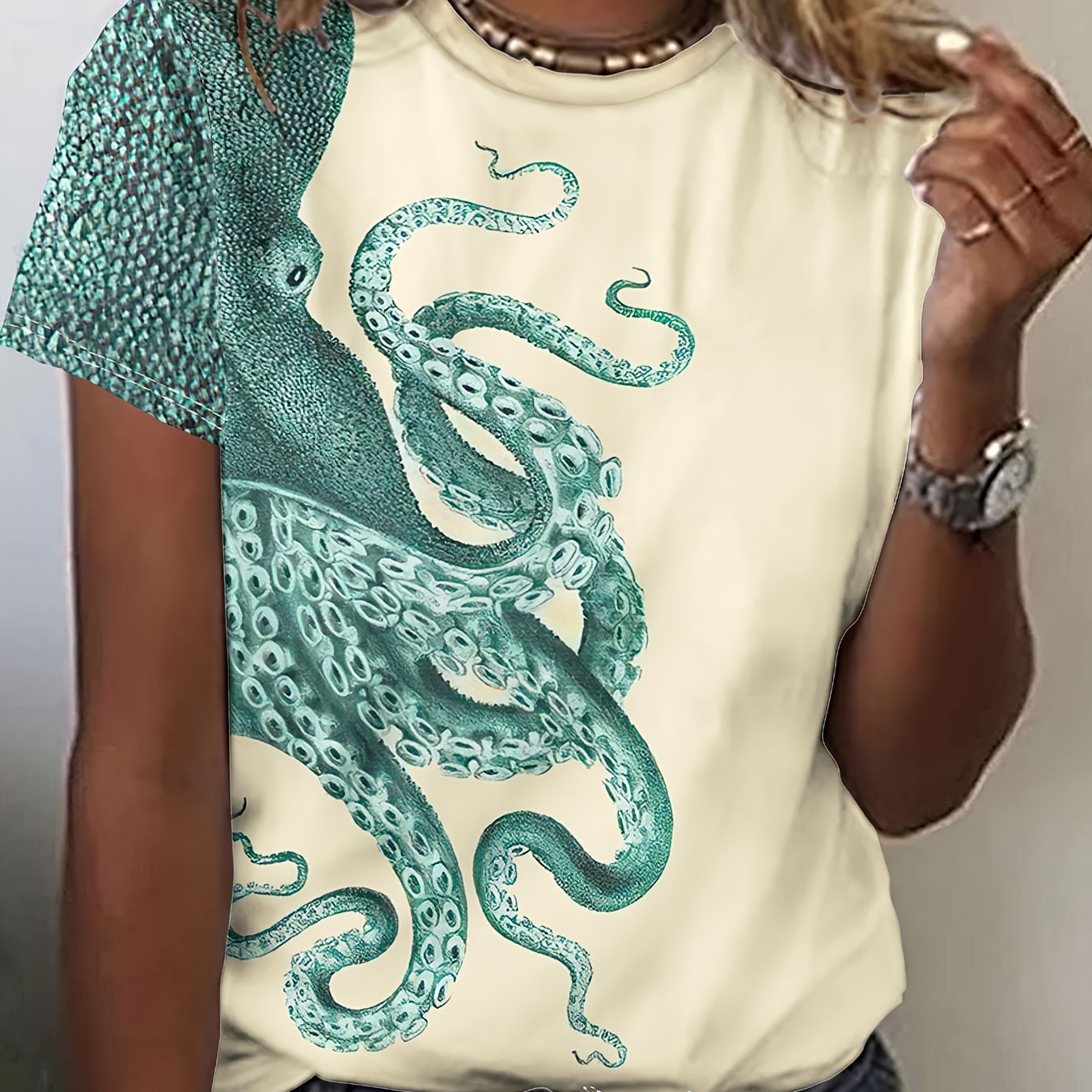 

Women's Casual Short Sleeve T-shirt With Octopus Print, Polyester Knit Fabric, Round Neck, Spring/summer