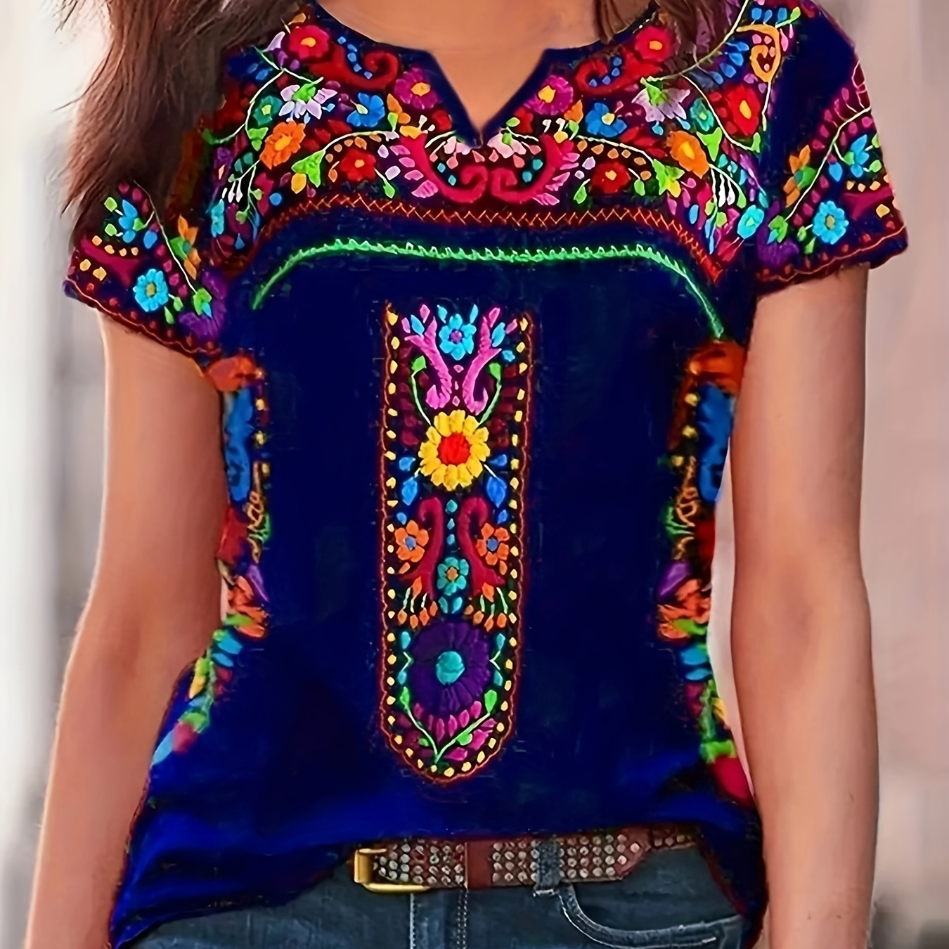 

Mexican Floral Print Notched Neck T-shirt, Casual Short Sleeve Top For Spring & Summer, Women's Clothing