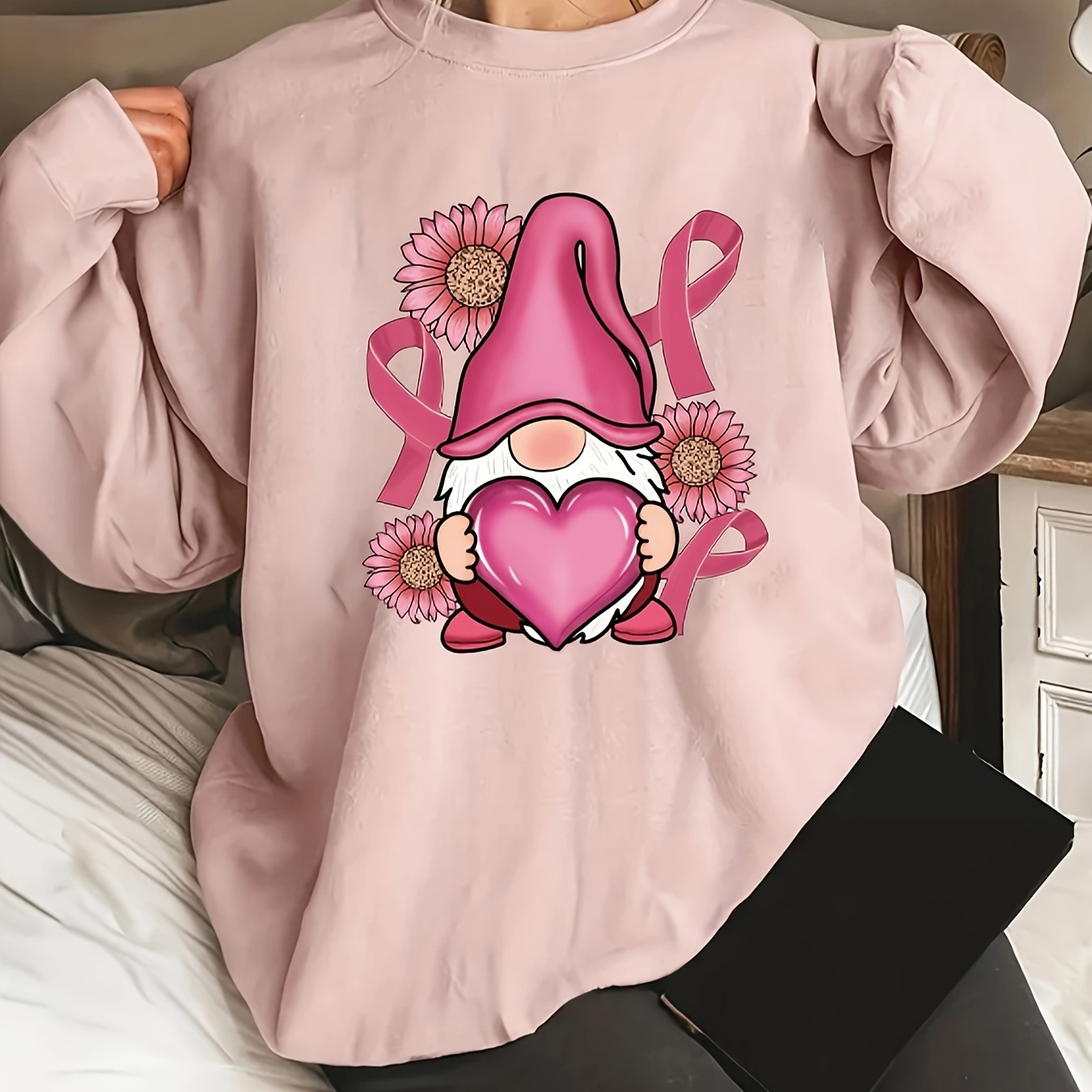 

Anti Breast Cancer Print Sweatshirt, Casual Crew Neck Long Sleeve Sweatshirt, Women's Clothing