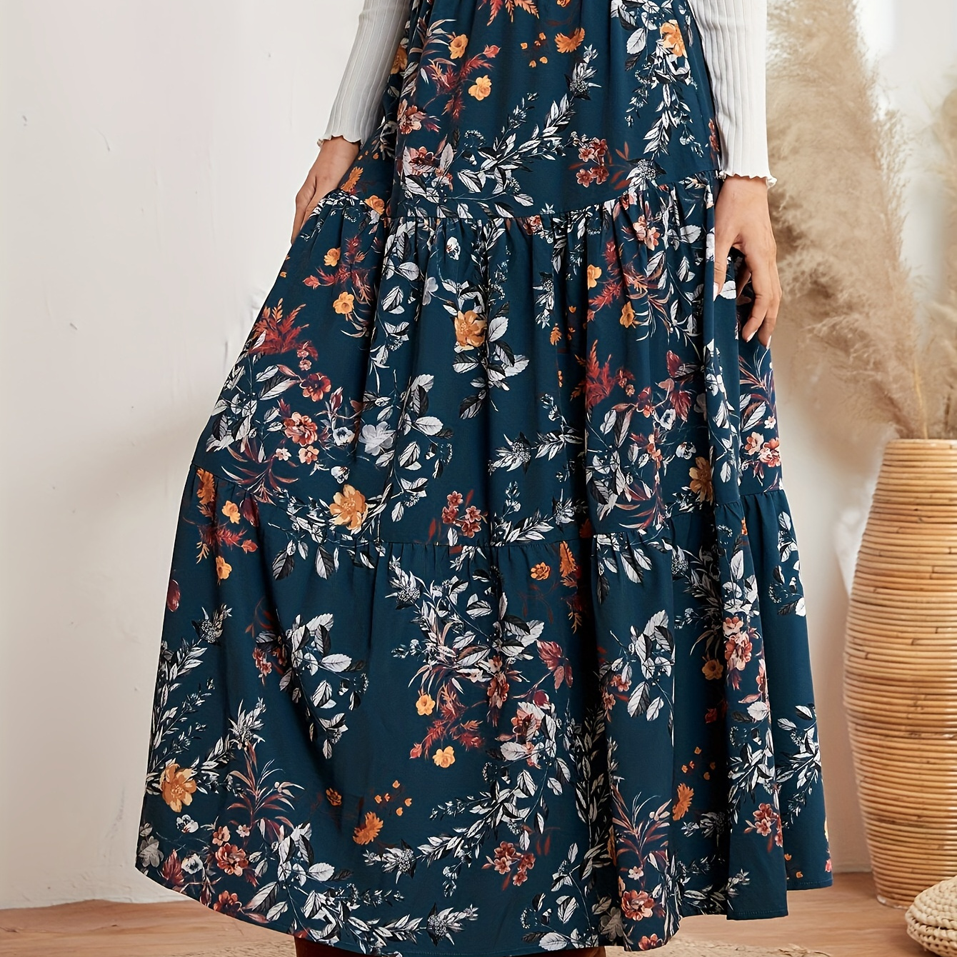 

Elegant Floral Printed Long Maxi Skirt For Women - 100% Polyester Fabric, , Tiered Design, Fall/winter Collection