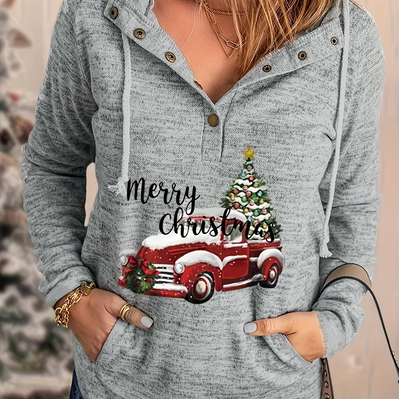 

Christmas Truck & Tree Print Drawstring Hoodie, Casual Long Sleeve Kangaroo Pocket Button Hoodie Sweatshirt, Women's Clothing